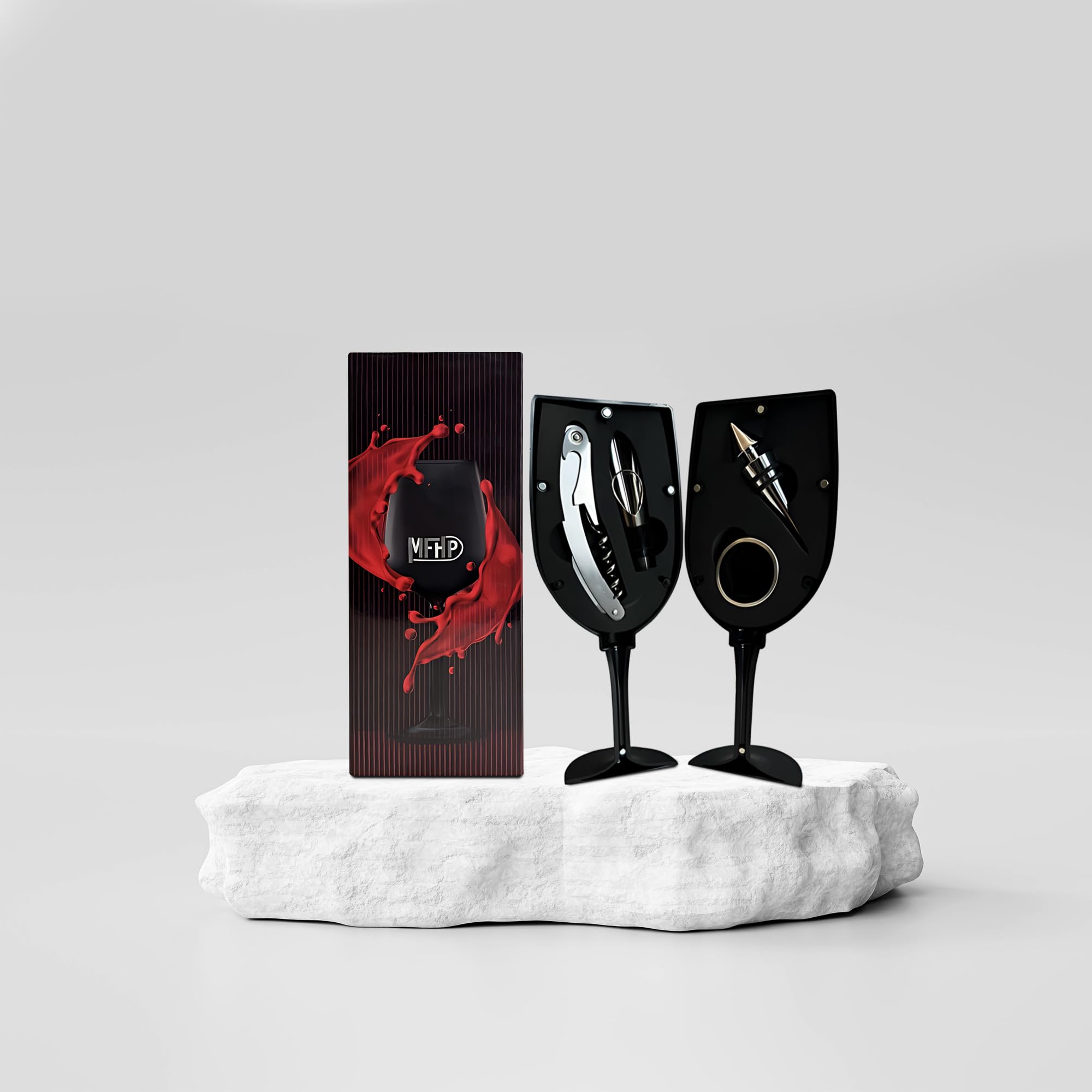 Set de regalo en forma de copa de vino con un sacacorchos, tapón, anillo antigoteo y vertedor de vino - Regalo aniversario pareja - regalos originales para parejas - Regalos originales