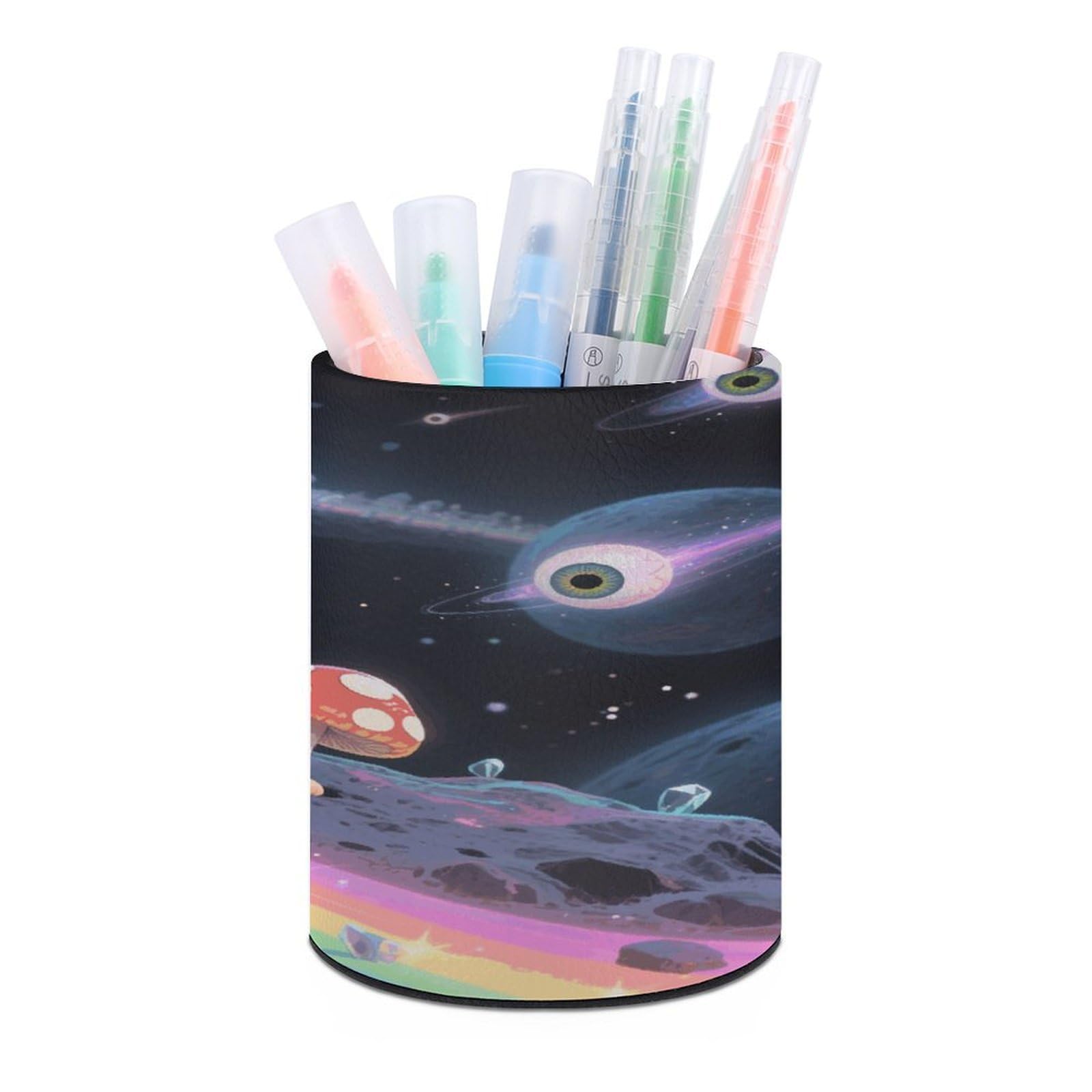 VstaDank Funny Space Frog Mushroom Pen Holder Round Pencil Holder Cup Pen Container PU Leather Desk Organizer Stand Decorative Brush Scissor Holder Decoration Office Desk Home (3.1 x 3.9 inch)