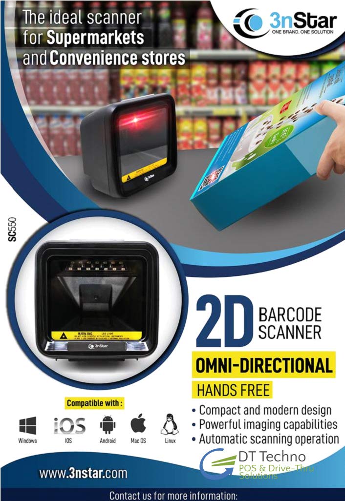 3nStar Hands Free Omni-Directional Barcode Scanner 2D (SC550) for Convenience, Drug, Specialty, Liquor and Grocery Stores