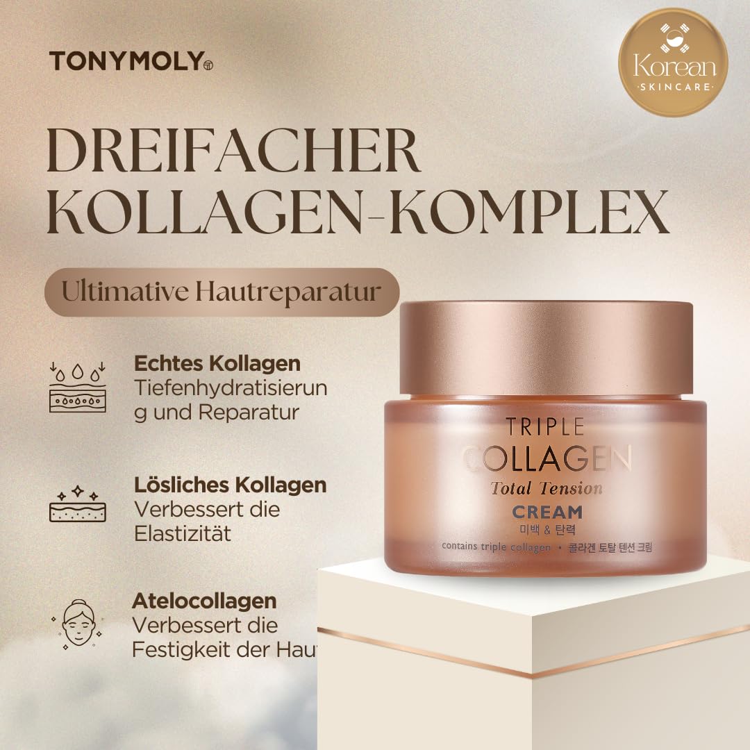 TONYMOLY Triple Collagen Total Tension Cream - Crème raffermissante de la peau, anti-rides, éclaircissante au collagène pour le visage avec niacinamide, Vit C - Soin du visage coréen pour tous les