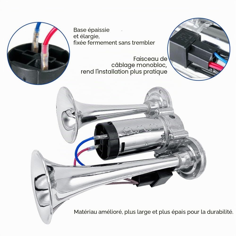 Shkalacar 12V Klaxon d'air de Voiture,Klaxon pneumatique Double trompettes 600DB, Kit de Klaxons Super puissants avec compresseur Universel pour Voitures, Motos, camions, Trains, Bateaux