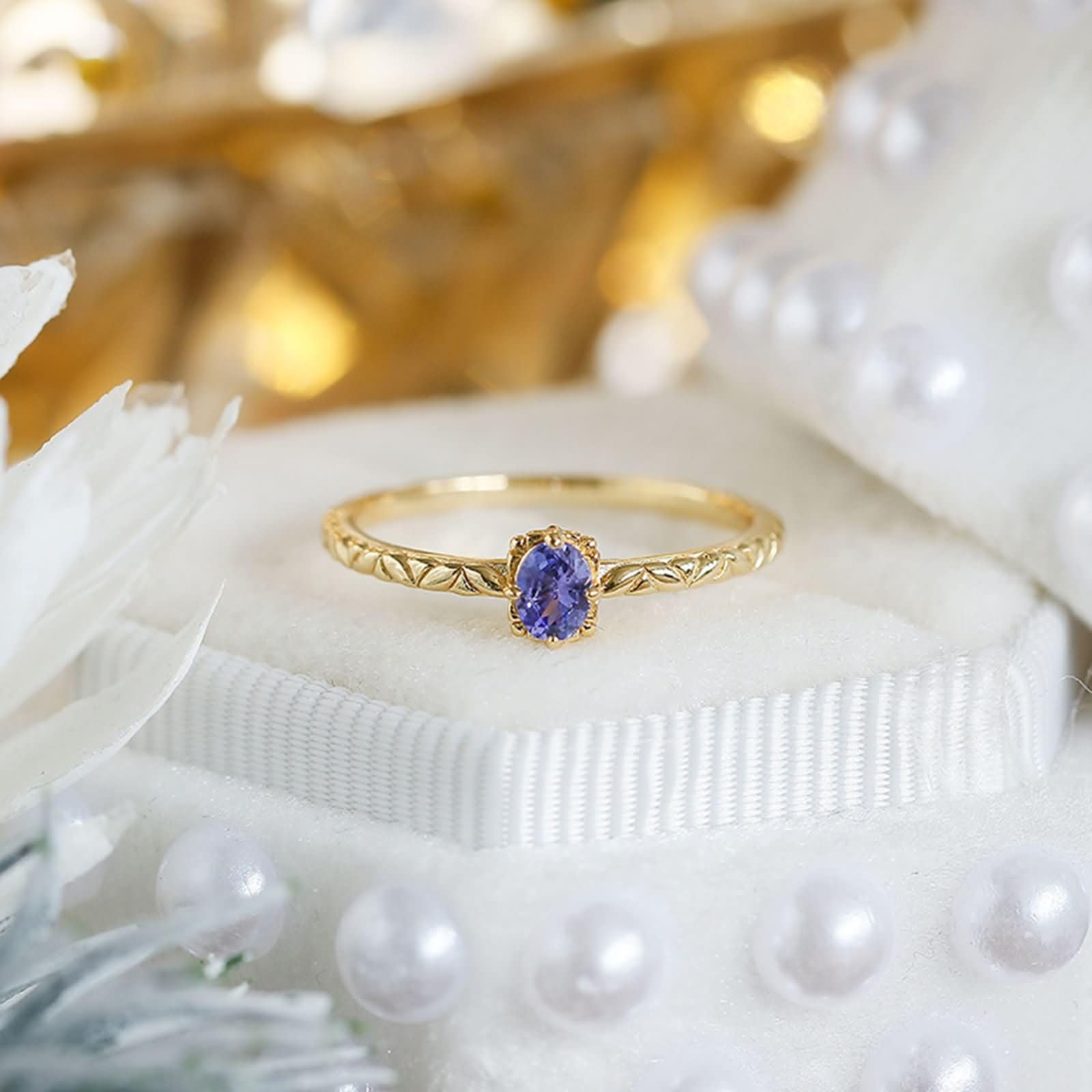 Anello Donna Anniversario Matrimonio, Solitario con anello di fidanzamento elegante con tanzanite ovale 0,35ct in Oro giallo