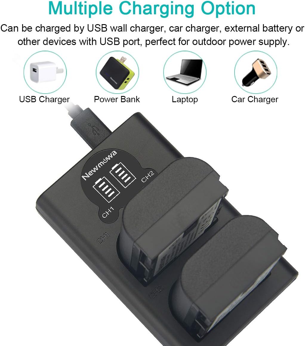 Image illustrating multiple charging options for the dual USB charger, including USB wall charger, power bank, laptop, and car charger.