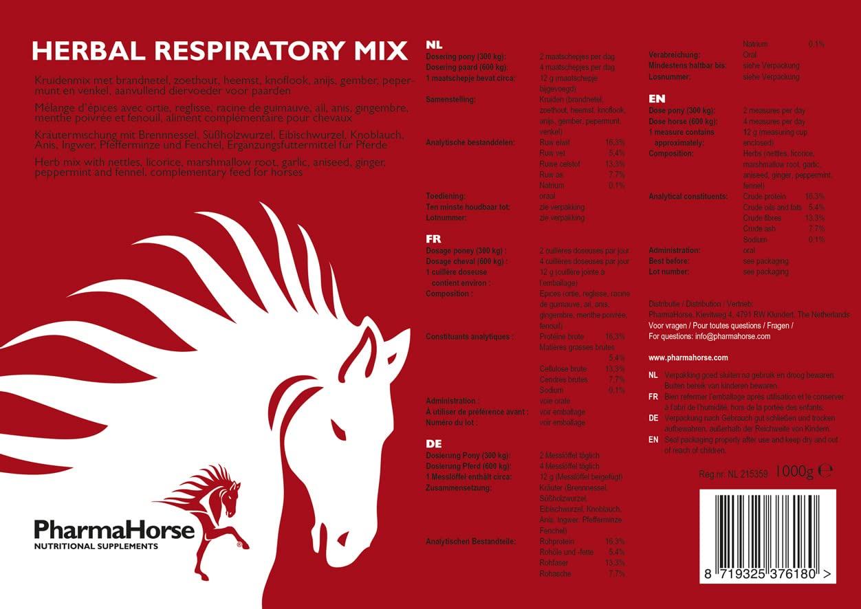 PharmaHorse Mélange respiratoire à Base de Plantes Système respiratoire | Système immunitaire | Énergie | Circulation | 1000 grammes