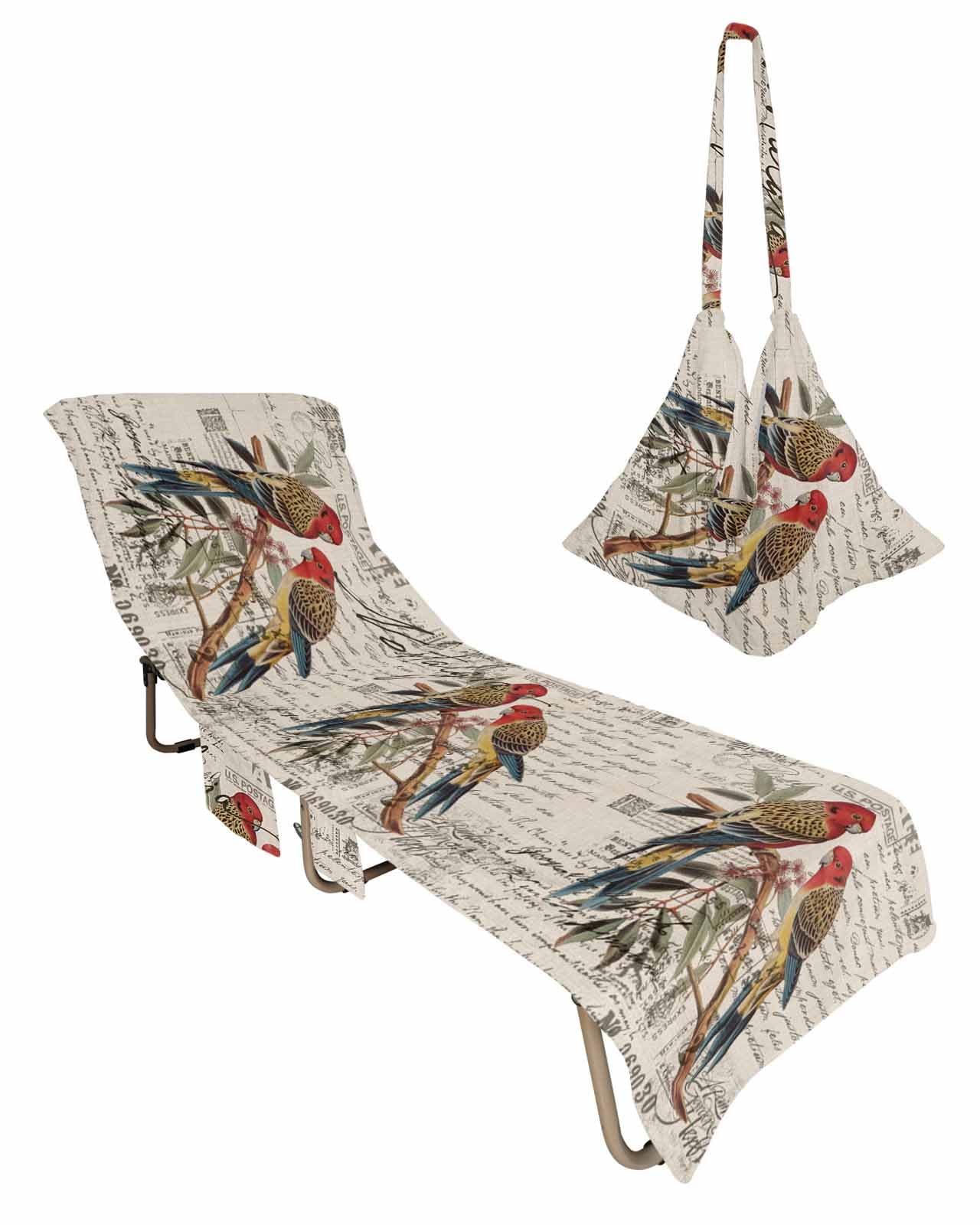Beach Pool Patio Lounge Chaise Chair Cover Towel with Pockets,Retro Birds Absorbent & Quick Dry Microfiber Towel Cover Bag Summer Travel Accessories Old Newspaper Antique Animal Beige Leaf
