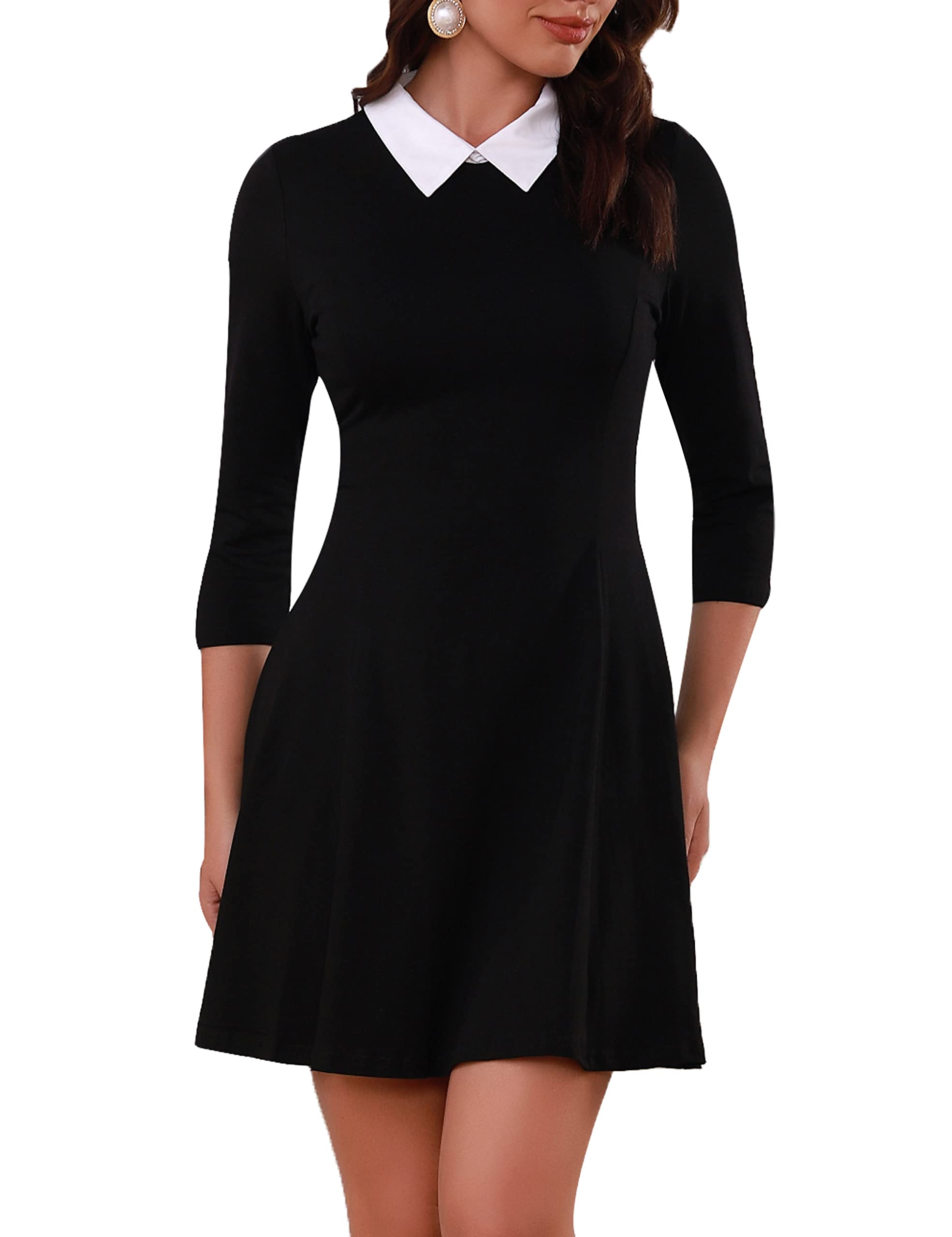 Women's Fall Dresses Cute Peter Pan Collar Fit and Flare Short Skater A Line Casual Goth Dress with Sleeves