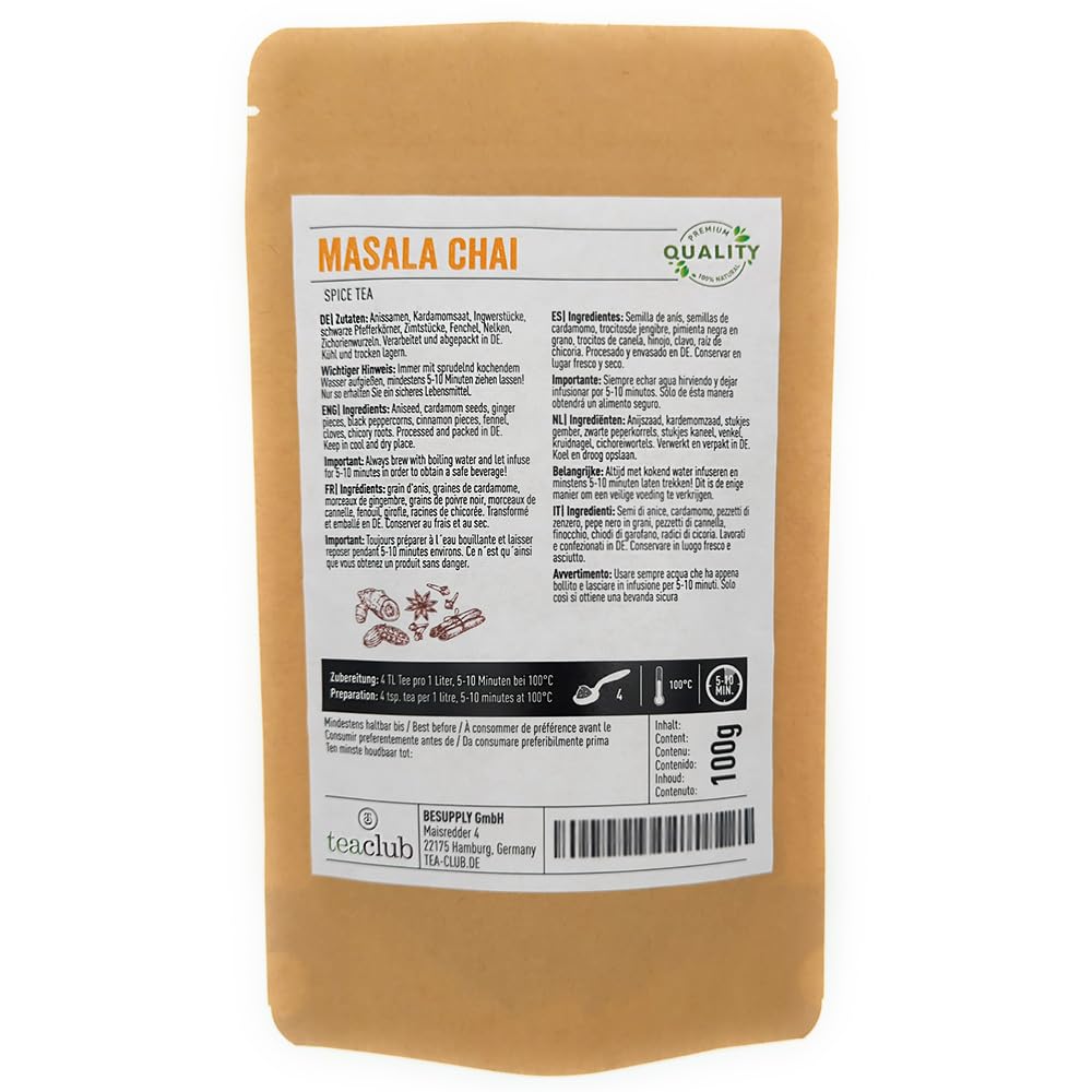Té Masala Chai Mezcla de Especias 100g, Especias indias para Té chai o chai-latte, 100% natural sin aromatizar, TeaClub Té