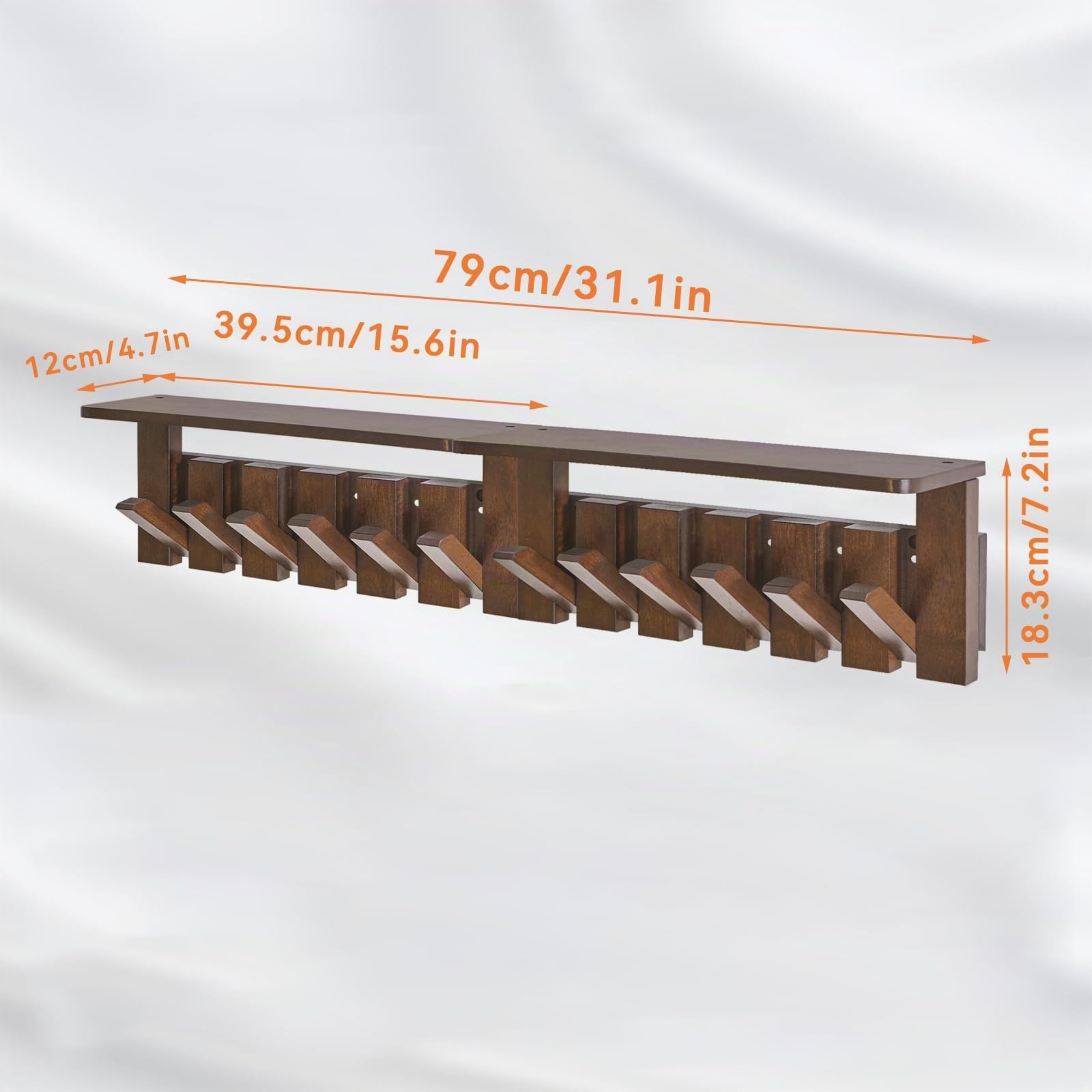 YMYNY Perchero Pared con Estante, Nogal, HWS008H-2 | Percheros Pared con Ganchos Abatibles, Perchero Madera Pared para Entrada y Dormitorio para colgar Abrigos, Carteras y Más