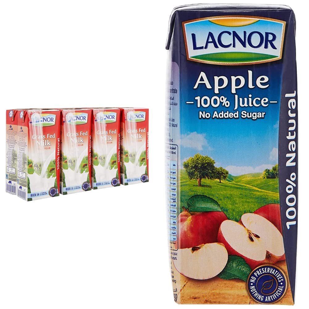 Lacnor Essentials Full Cream Milk 180ml x 8 Pieces & Essentials Apple Juice - 180 ML X 8