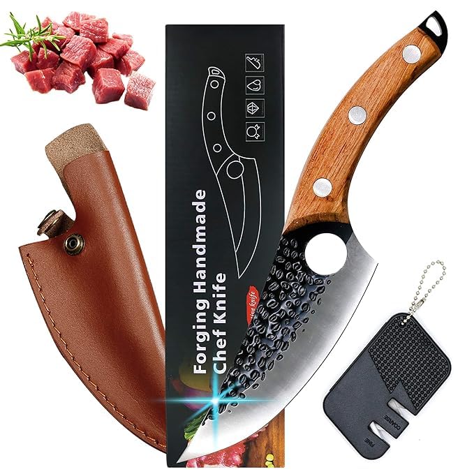 Image of Chef Knife 11 Inch, Hand Forged Meat Cleaver with Wooden Handle, Leather Sheath, Knife Sharpener, Japanese Deba Kitchen Knife for Boning, Cutting, Chopping, Home Cooking