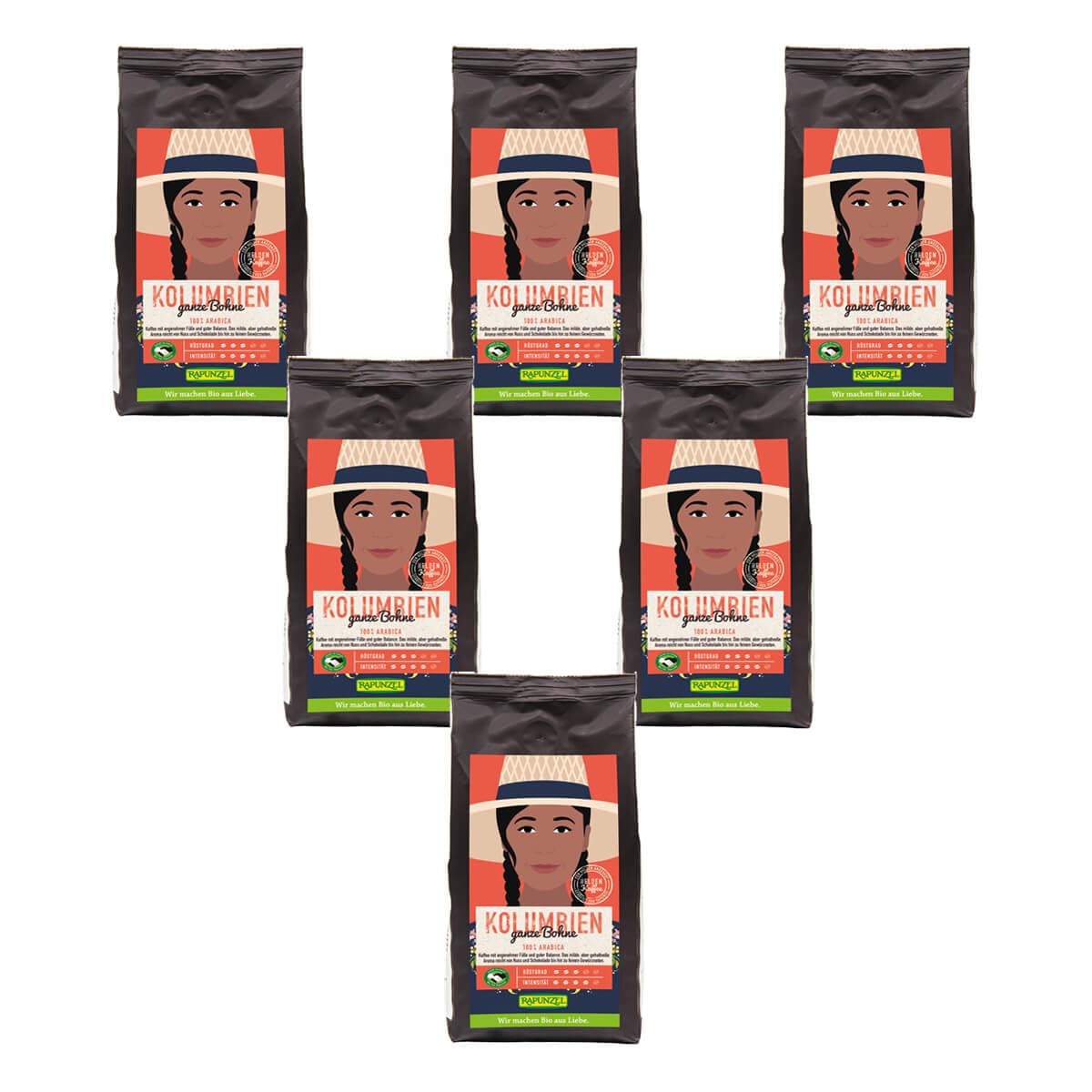 Rapunzel Bio Heldenkaffee Kolumbien ganze Bohne HIH 6 x 250 g