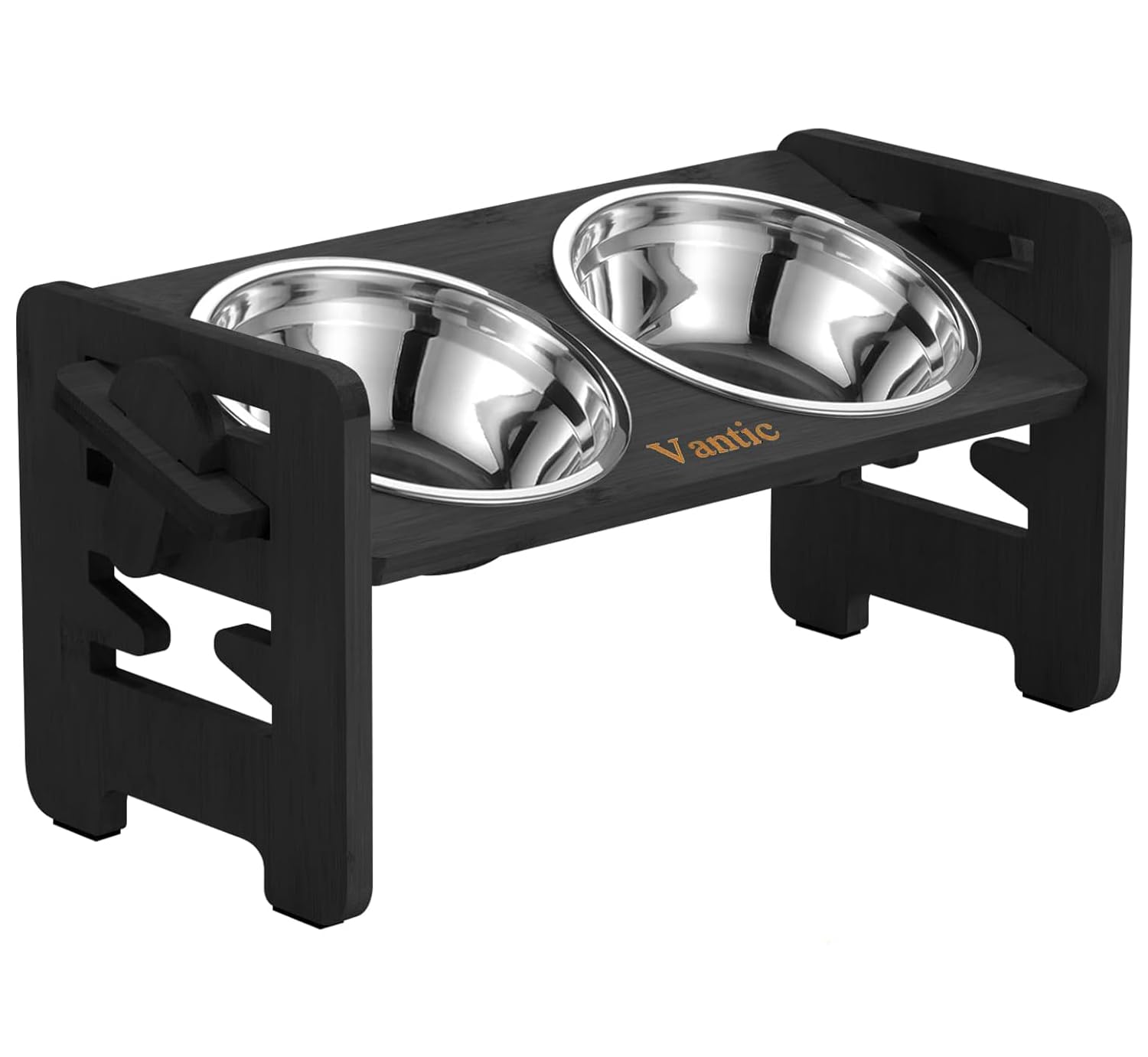 Vantic Comedero Perro Elevado, Soporte Ajustable Comedero Gato y Perros pequeño, Alto Comederos y Bebederos para Perros con 2 Comederos de Acero y 4 Pies Antideslizantes Incluidos, Negro