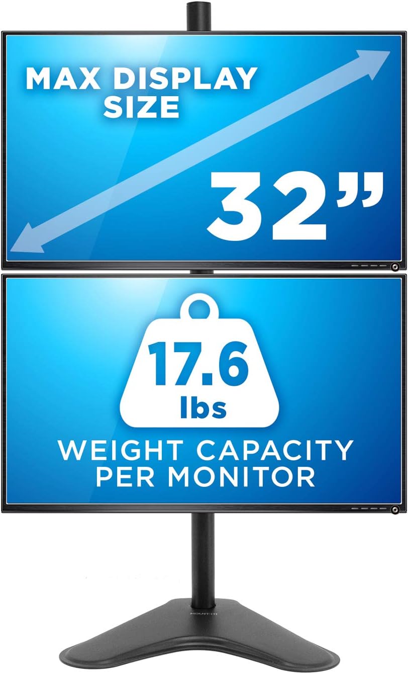 Mount-It! Vertical Dual Monitor Stand, Stacked Desk Mount Fits Two 13–32 Inch Screens up to 17.6 lbs Each, Height Adjustable Free Standing Pole with Tilt Swivel Rotate, Ergonomic VESA Riser, Black