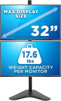 Mount-It! Vertical Dual Monitor Stand, Freestanding Stacked Monitor Mount for 2 Screens 1732, Height Adjustable, Tilt Swivel Rotate, Portrait or Landscape, Holds 17.6 lbs per Arm, No Desk Clamp Needed
