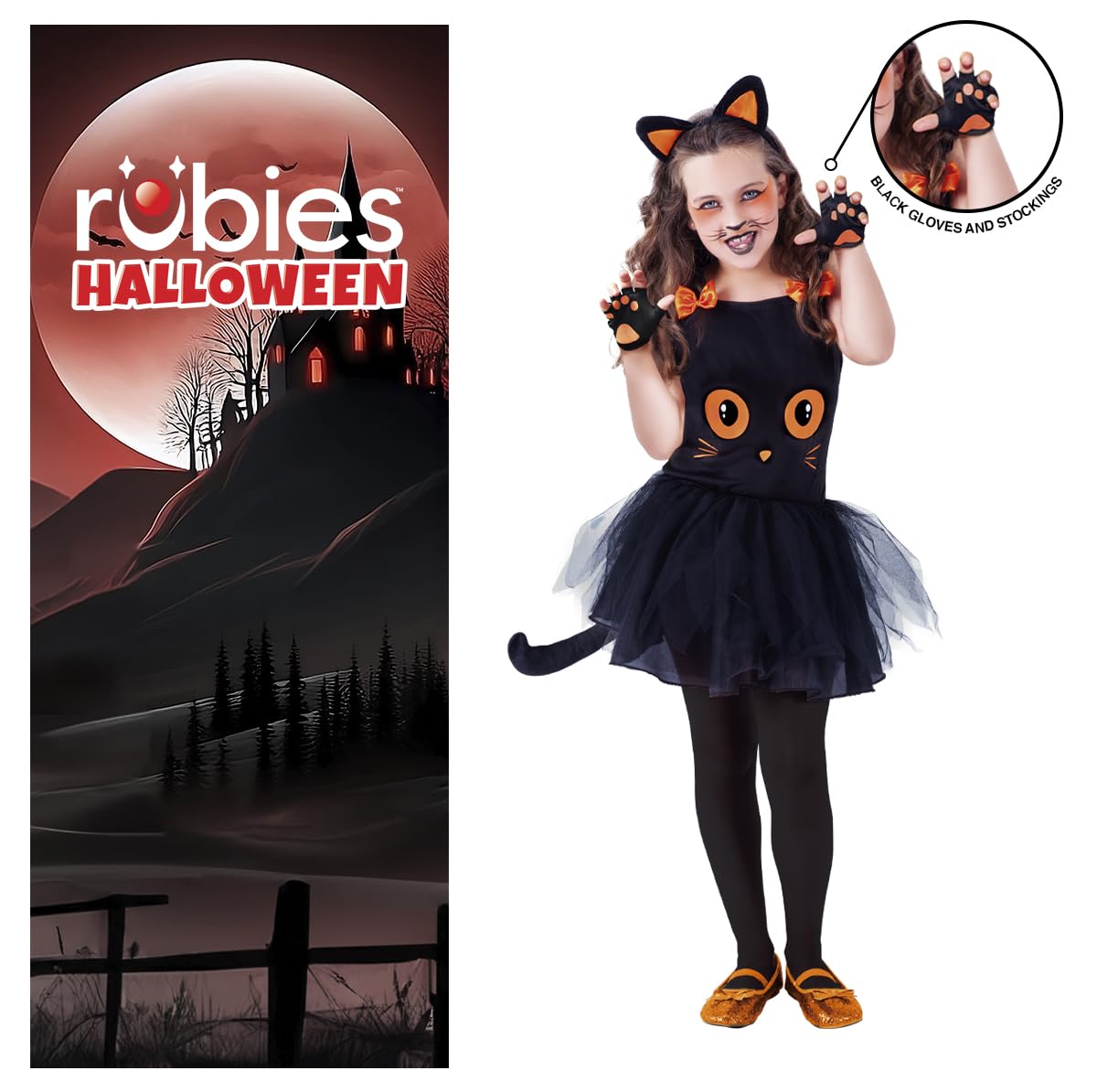 Rubies Costume tutù da gatto nero per bambina, top con stampa di gatto nero, fascia per capelli, tutù con coda e calze, Originale di Rubies, Adatto per compleanni