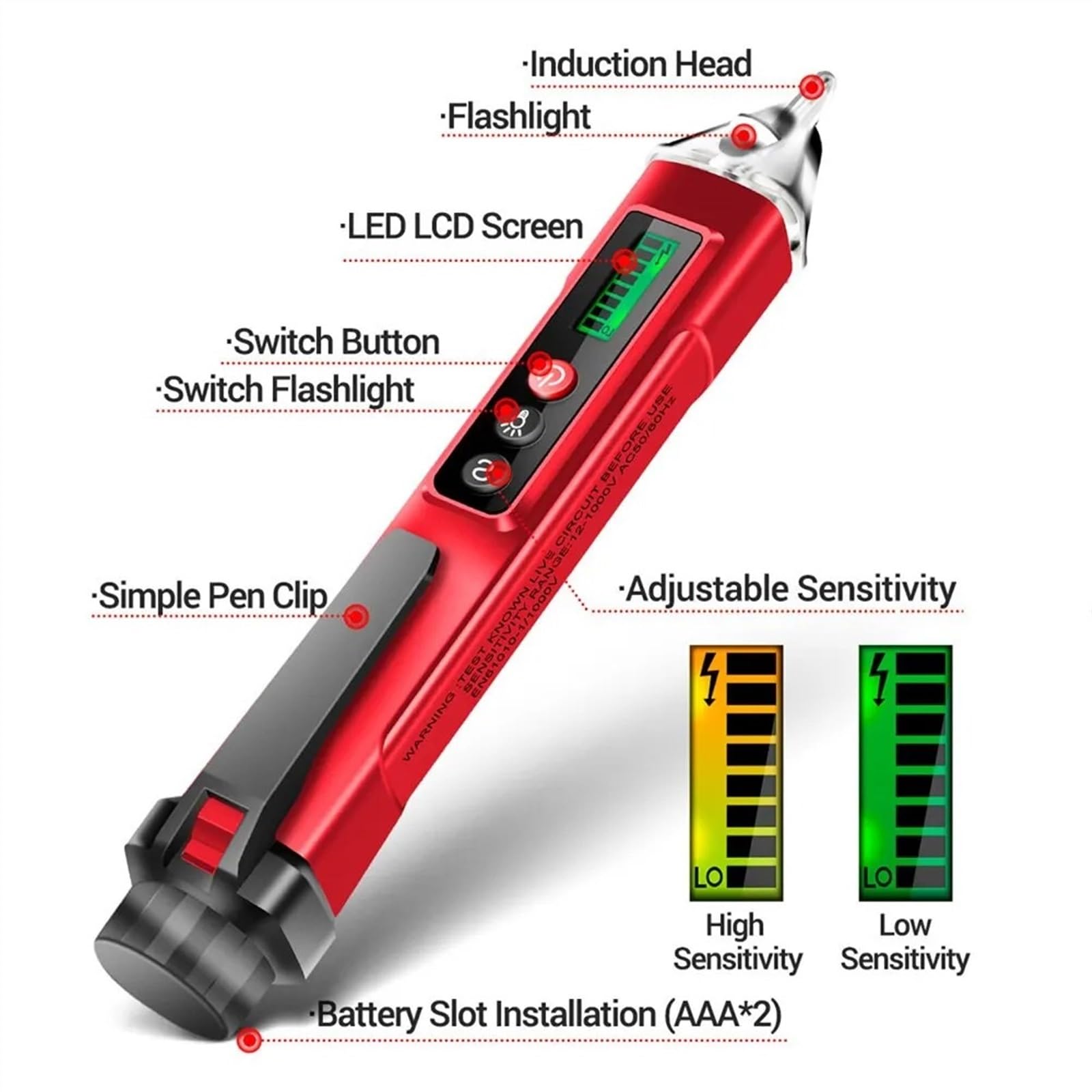 VC1010 Rilevatori di tensione digitale AC/DC senza contatto, tester penna tester 12-1000 V sensore elettrico matita di prova (rosso)