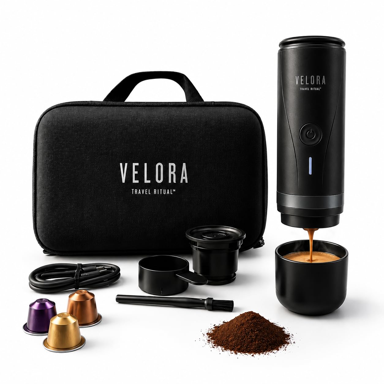 Generico VeloraTravelRitual Macchina Caffè Portatile – Espresso Ovunque, Compatibile Capsule e Macinato, Ricarica USB, Ideale per Auto, Viaggi, Camper e Outdoor