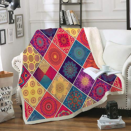 Ethnic Floral Blanket Boho Throw Blanket Mandala Plaid Printed Sherpa Fleece Blanket Colorful Tribal Bed Blanket for Bedroom Couch Sofa (Colorful, Twin(60
