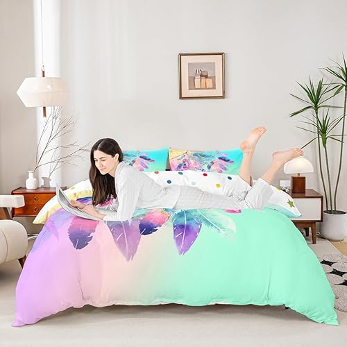 Miniatura 4 de Erosebridal Juego de ropa de cama de plumas atrapasueños, tamaño individual, para niños, niñas, adolescentes, funda de edredón bohemia con mandala