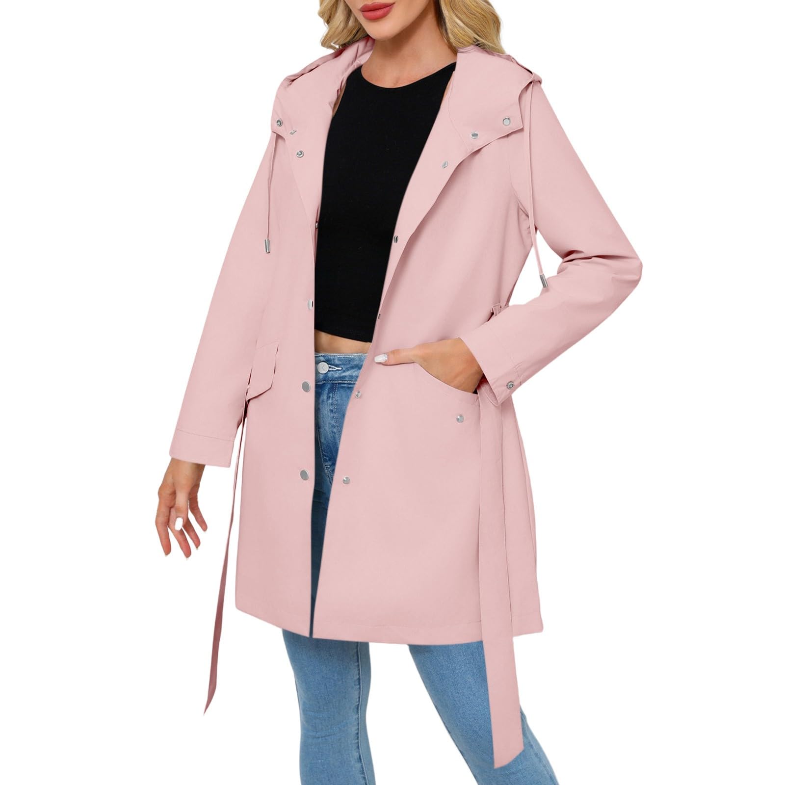 Generisch Chaqueta de verano para mujer, elegante, chubasquero, fina, impermeable, chaqueta para mujer, con cinturón, trinchera, chaqueta de primavera, monocolor, chaqueta de ocio, chaqueta ligera