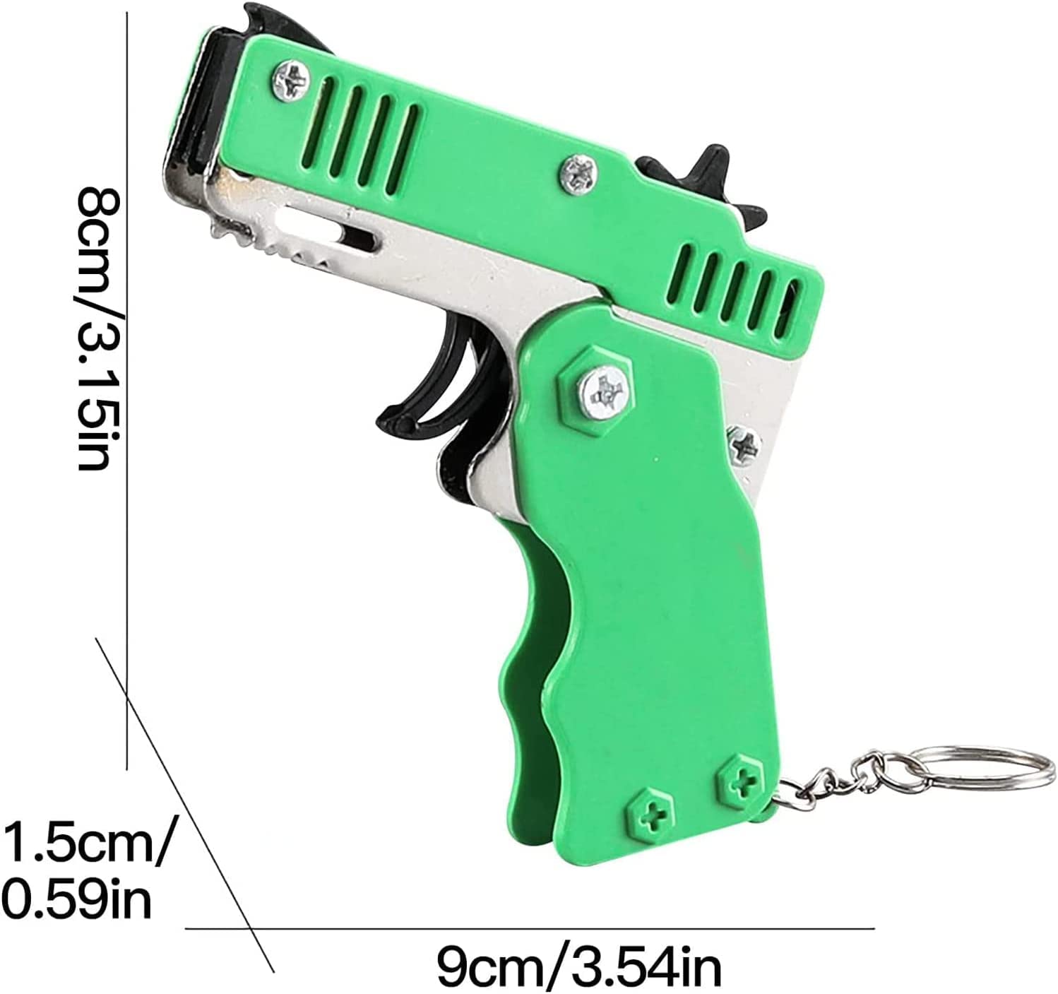 Mini pistolet na gumkę z metalu, składany, 6 strzałów z breloczkiem do kluczy i 60+ gumowymi taśmami, pistolet gumowy, mini metalowy składany brelok do kluczy, do strzelania, aktywności na świeżym