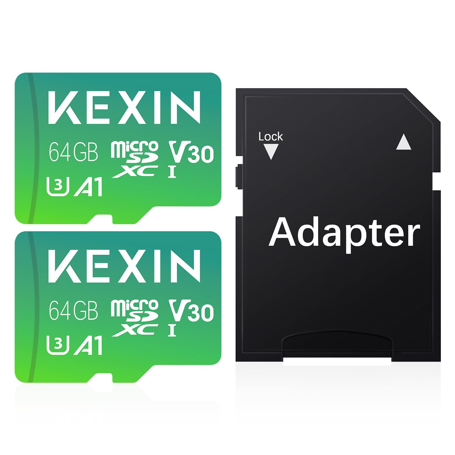 KEXIN Micro SD Card 2Pack 64GB MicroSDXC with SD Adapter, A1, U3, V30, C10 Micro SD Memory Card TF Card 4K Full HD Video Recording(2 Pack)