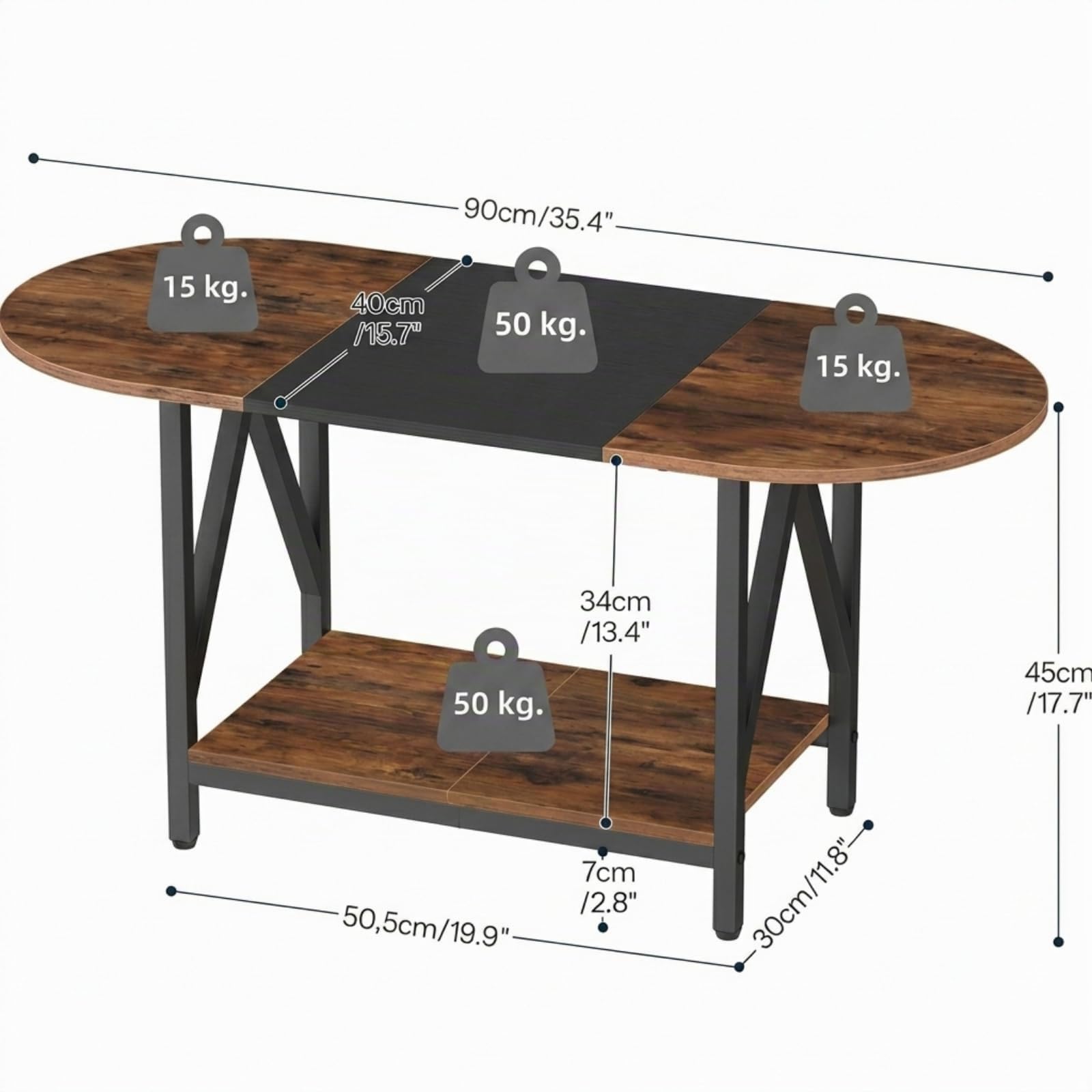 HOOBRO Mesa de Centro con Estante, Mesa Ovalada de 2 Niveles, Mesita de Centro Contemporánea, Mueble para Salón, Comedor, Marrón Vintage y Negro EBFK13KF01