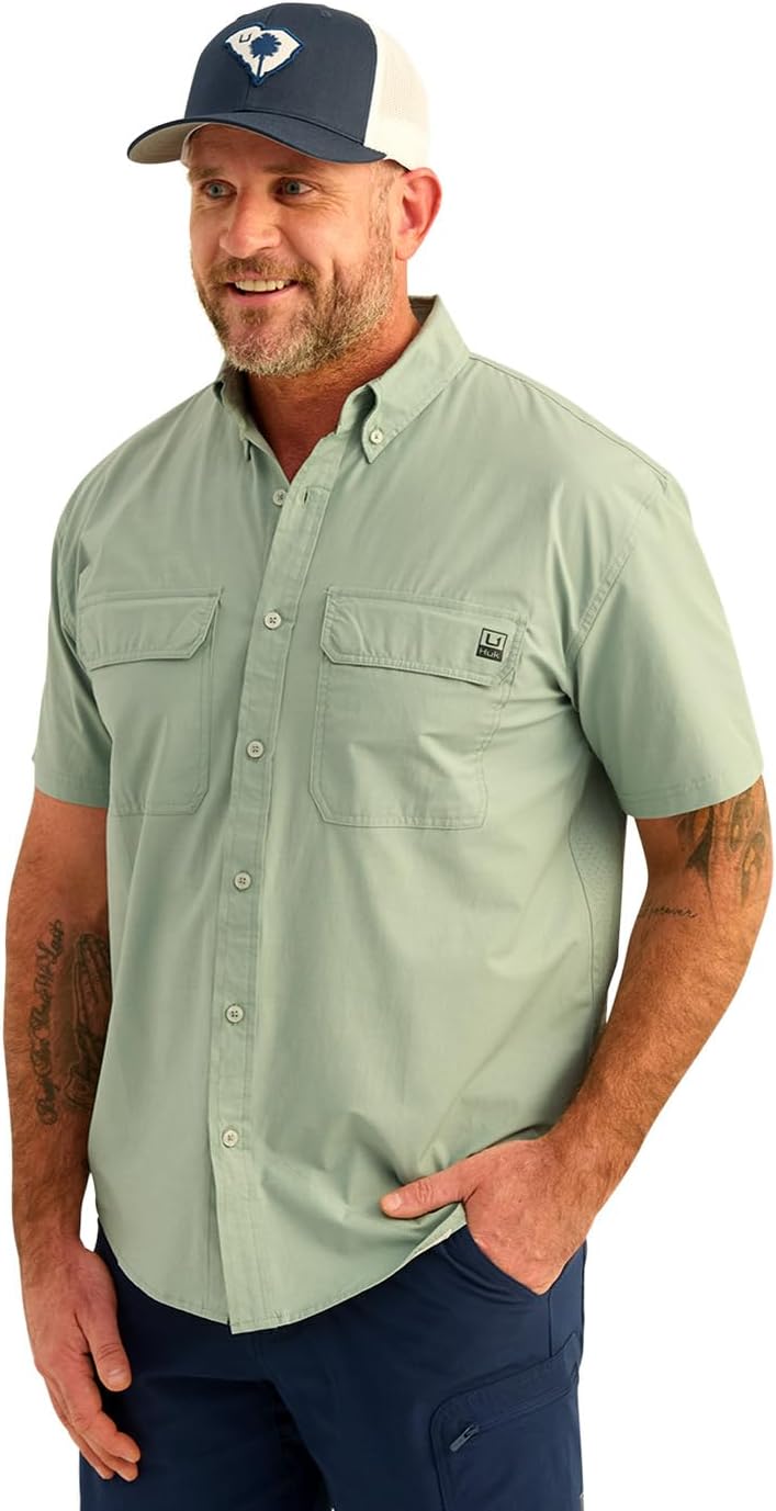 HUK Mens Next Level Solid Short Sleeve Fishing Button Down Shirt for Men
