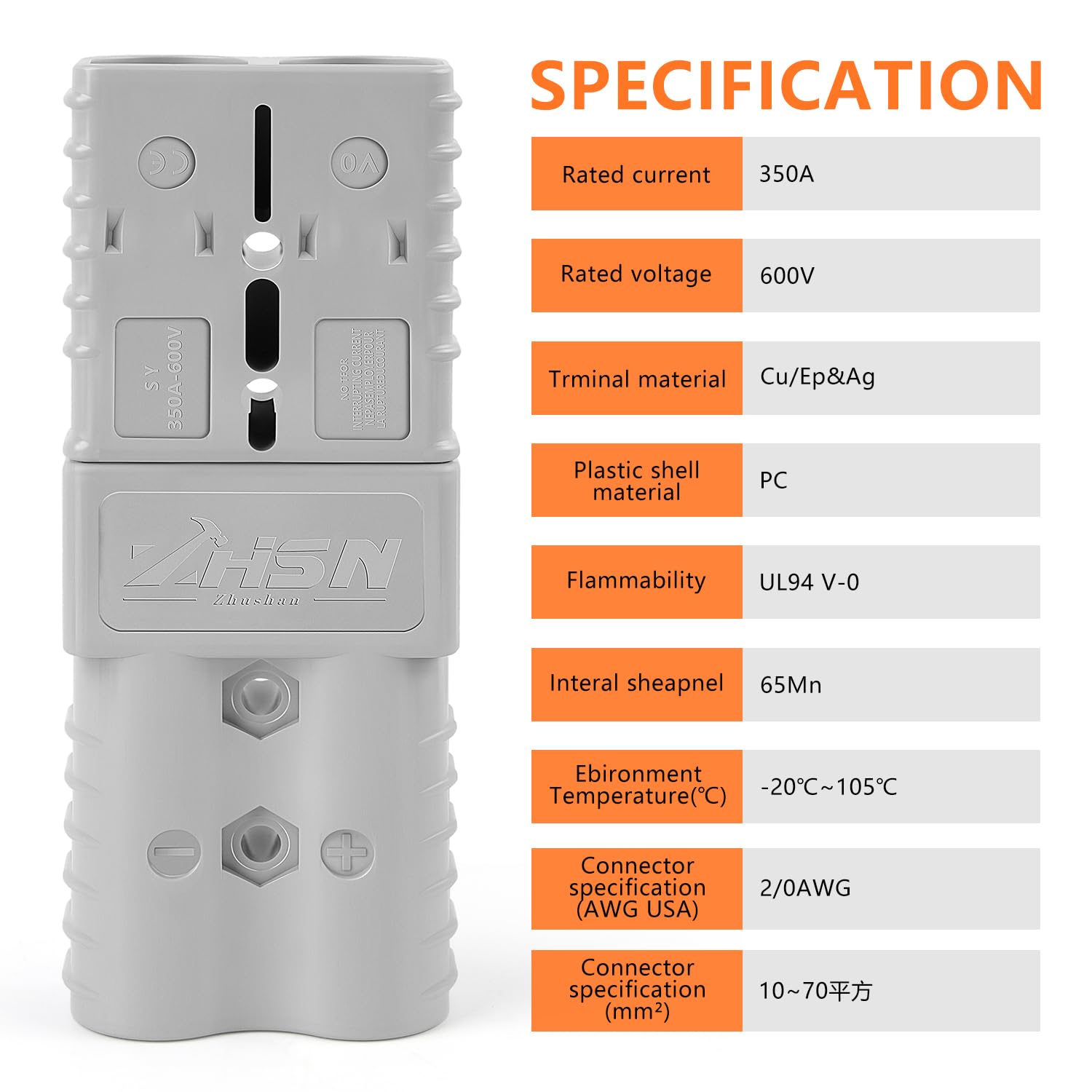 Zhushan Kit di 2 connettori a scollegamento rapido per batteria da 350 A per verricello per rimorchio, calibro AWG 2/0, grigio - alimentazione facile e affidabile