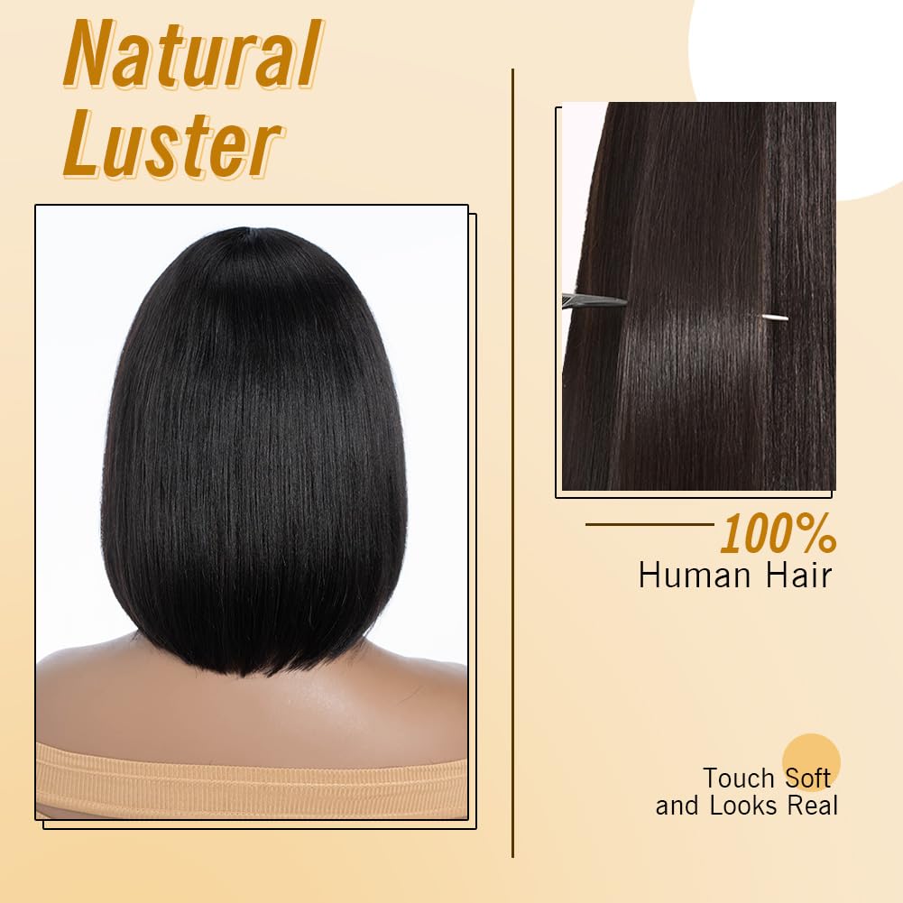 Human Hair Wigs for Women Brazilian Virgin Hair Straight Short Bob Wig with Bangs Glueless Machine Made 150% Density (1B, 10 inches) - Image 4