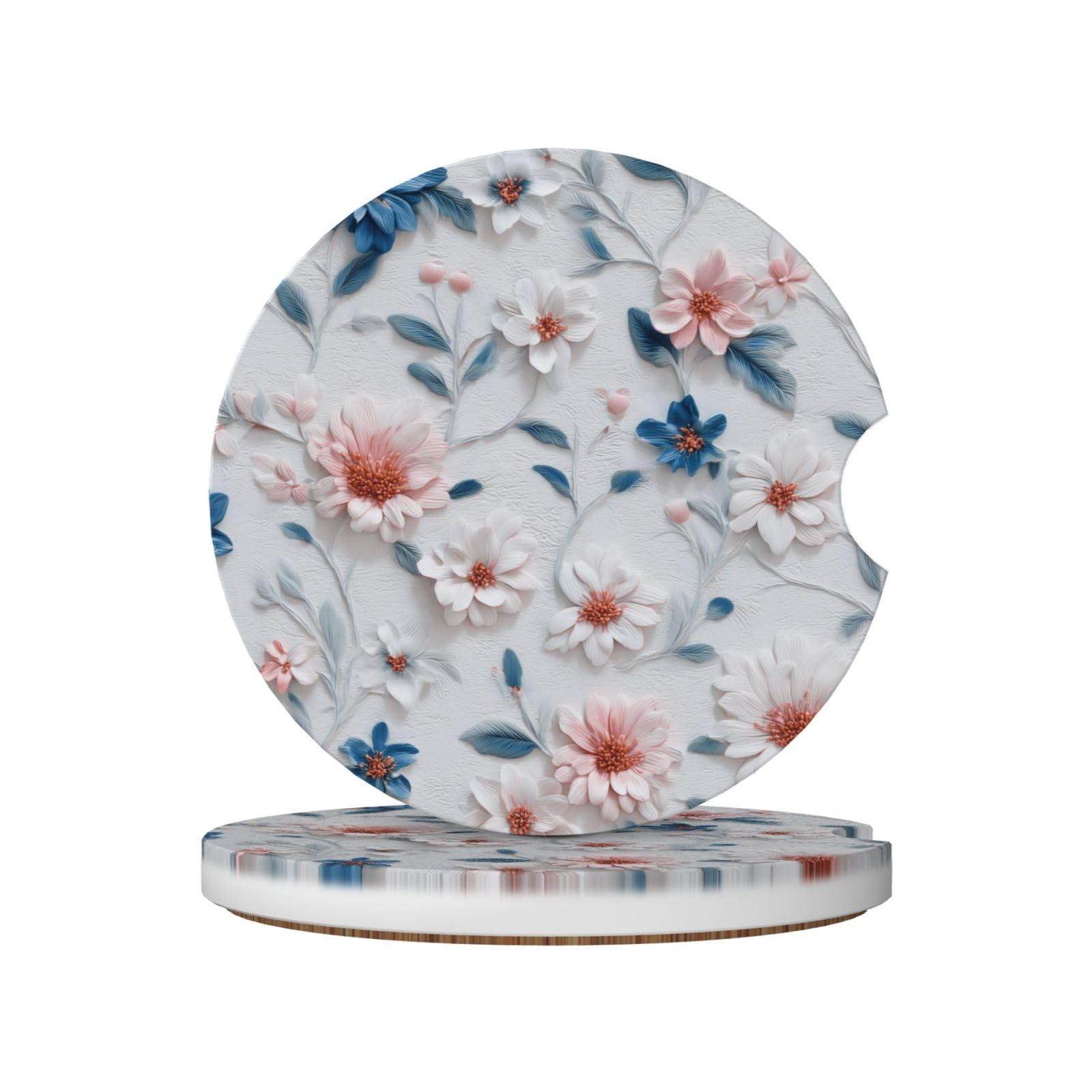 Small Flowers and Leaves Floral Motifs Ceramic Coasters,2pcs