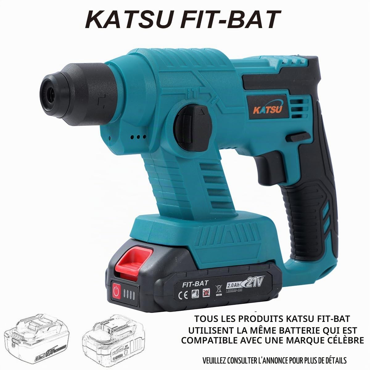 KATSU FIT-BAT 21V Marteau Perforateur sans Fil avec 2 x 1,5Ah Batterie et Chargeur, SDS Perceuse à Percussion Rotative pour Perçage du Béton, de l'Acier et du Bois (Budget)