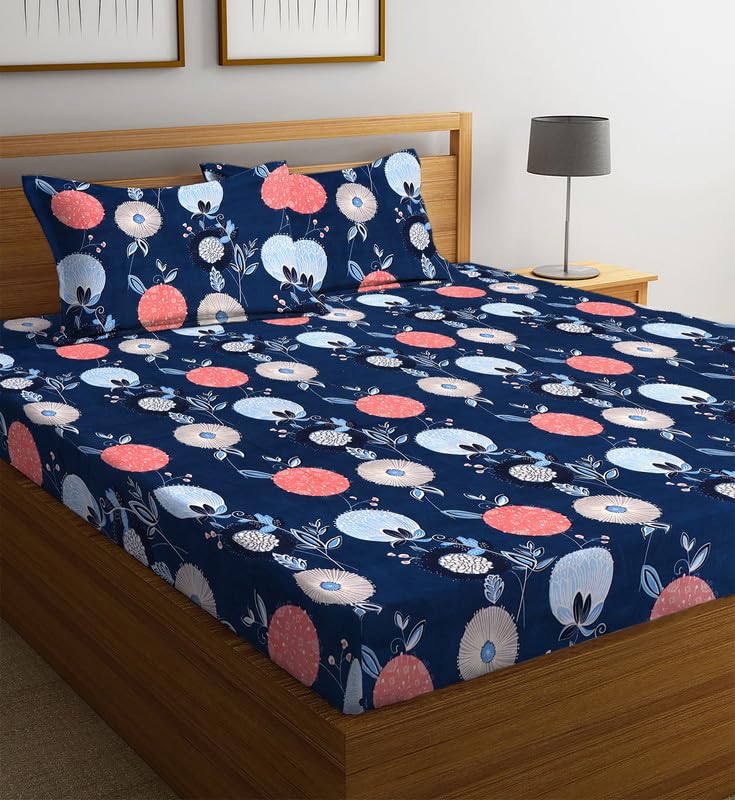 Image of la'amour Cotton Elastic Fitted Bedsheets with 2 King Size Pillow Covers Double Bed with All Around Elastic Supersoft Size - 72 King Sizex78+10 inches Color - Dark Blue