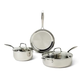 Amazon Basics Stainless Steel Cookware Set, 5-Piece Set, All Cooktop Friendly, Dishwasher-Safe - Amazon product rated Grade A