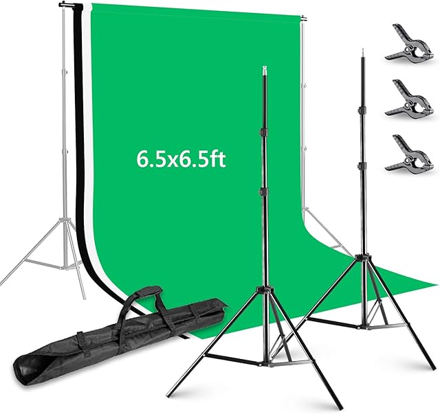 Neewer 6.5x6.5 feet/2x2 meters Background Stand Support System with 6 X 9 feet/1.8 X 2.8 meters Backdrop(White/Black/Green) and Backdrop Clamps for Portrait Product Video Photography