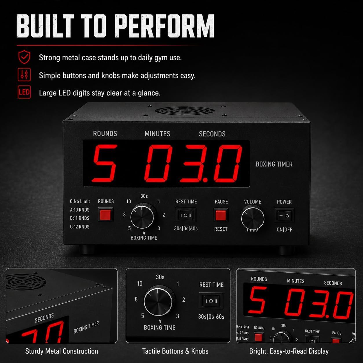 Timer portatile a intervalli di boxe, display a LED, 1-12 o giri illimitati