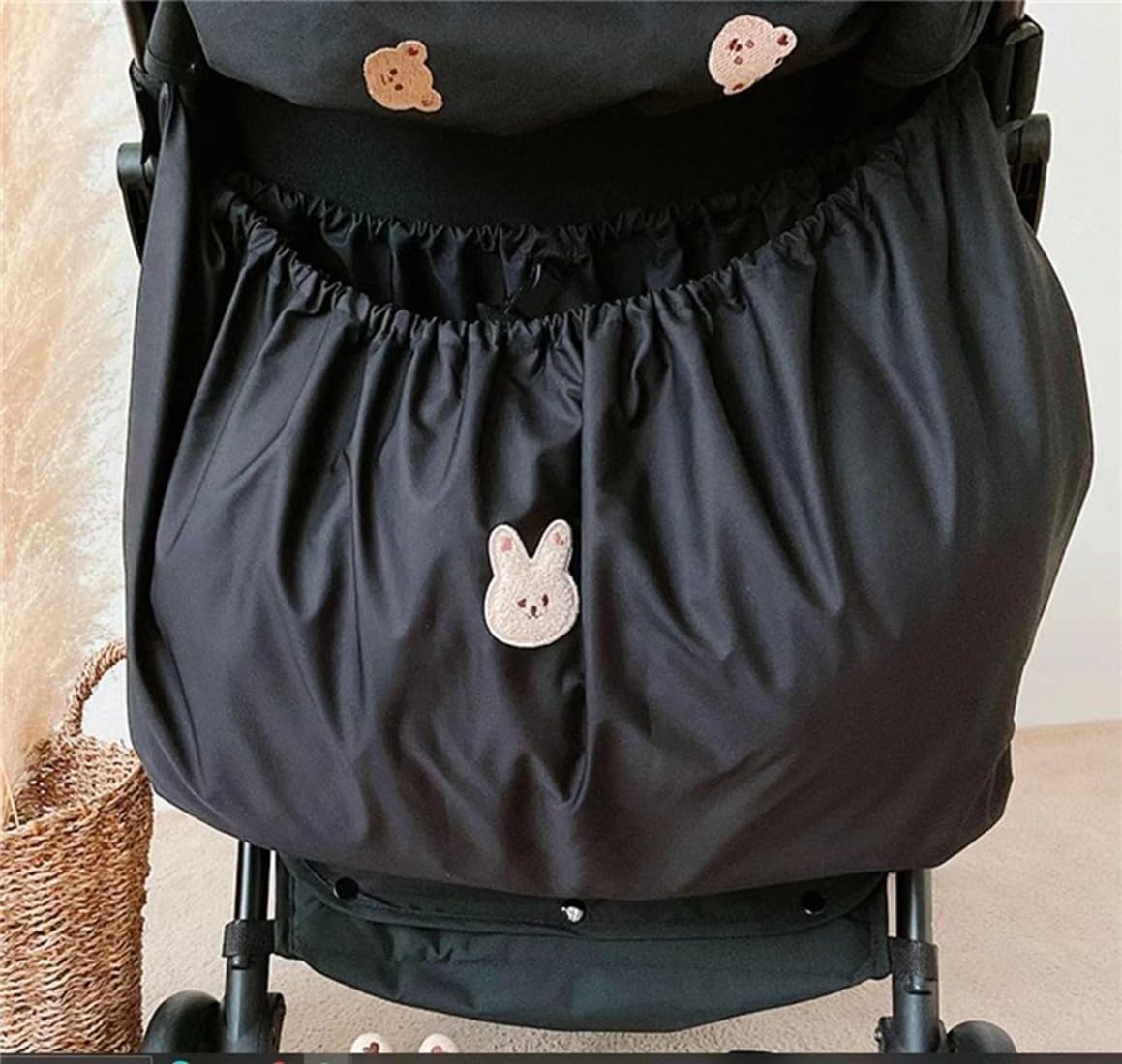 Kinderwagen Einkaufstasche XL, große Kinderwagentasche, 70×40 cm, Buggy Organizer, Wickelflaschen Aufbewahrungstasche, leichte wasserdichte Nylontasche (Schwarz, Süße Hase 70 * 40cm)