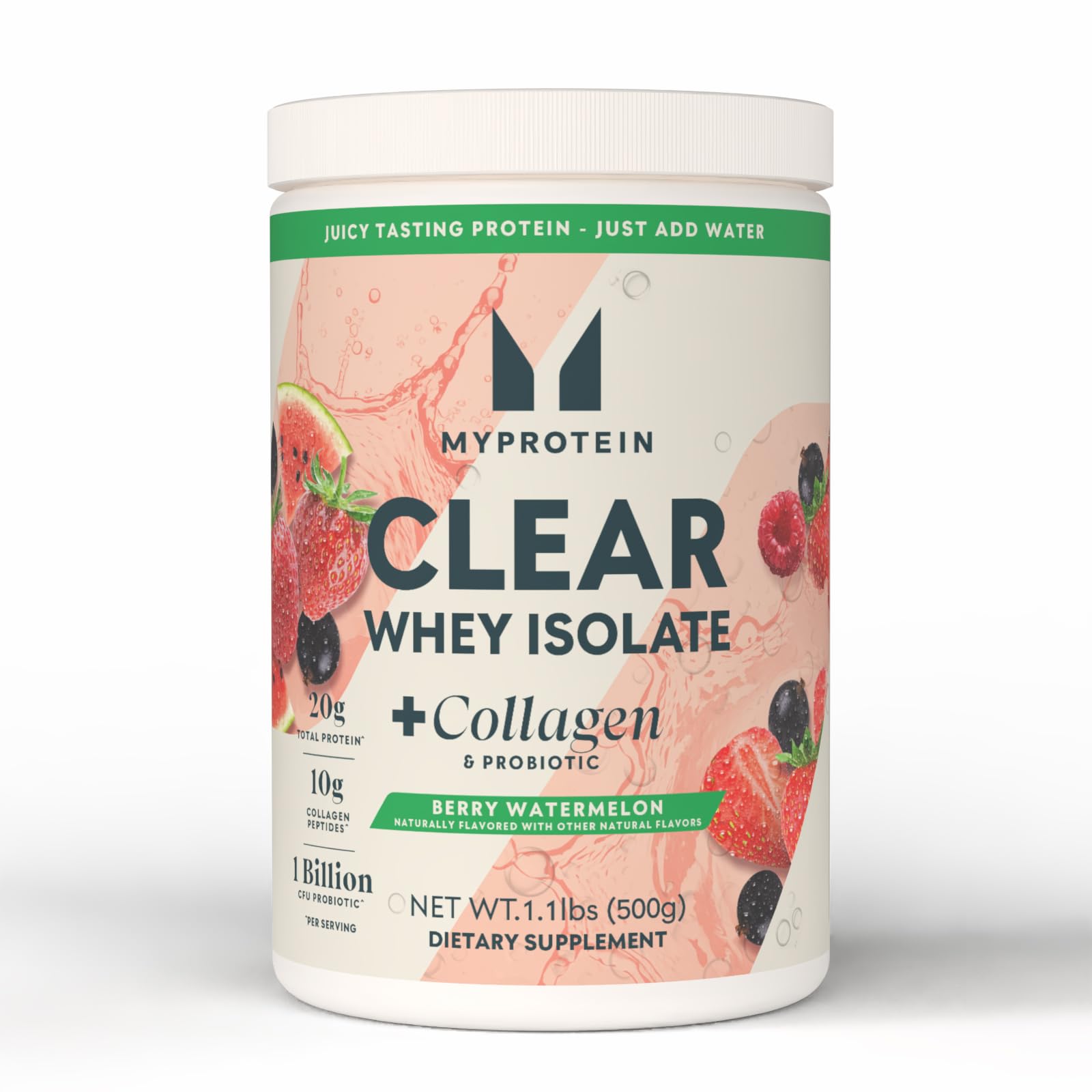 Myprotein Clear Whey Isolate + Collagen & Probiotic, Berry Watermelon, 20 Servings — Clear Protein Powder with 20g Total Protein, 10g Collagen Peptides Berry Wa
