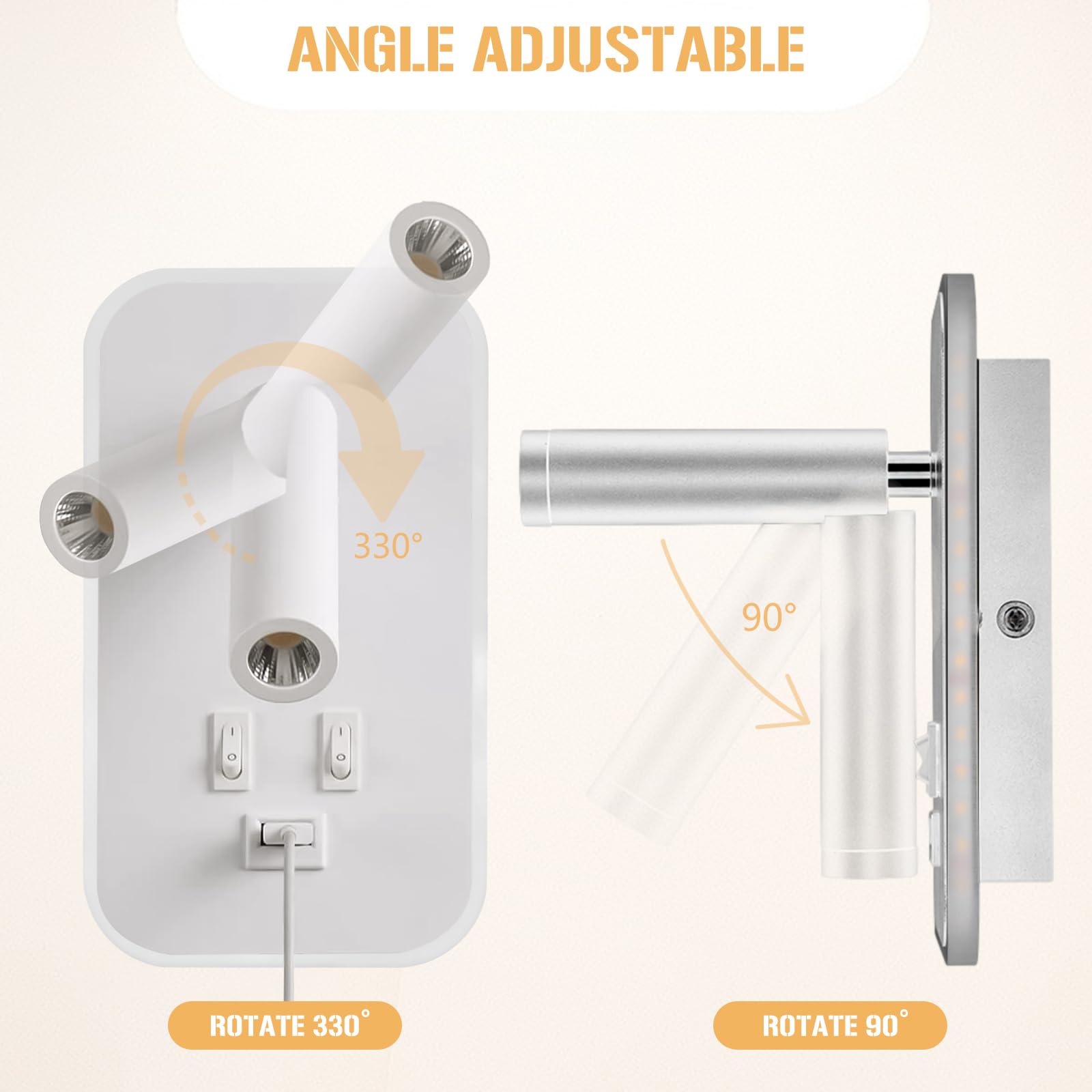 UrbanHomes Lampada da parete a LED, 12W Lampada da Lettura Sul Comodino con interruttore Porta di ricarica USB, Applique da Corridoio per hotel in camera da letto (Luce Calda 3w + 9w) (Bianco)