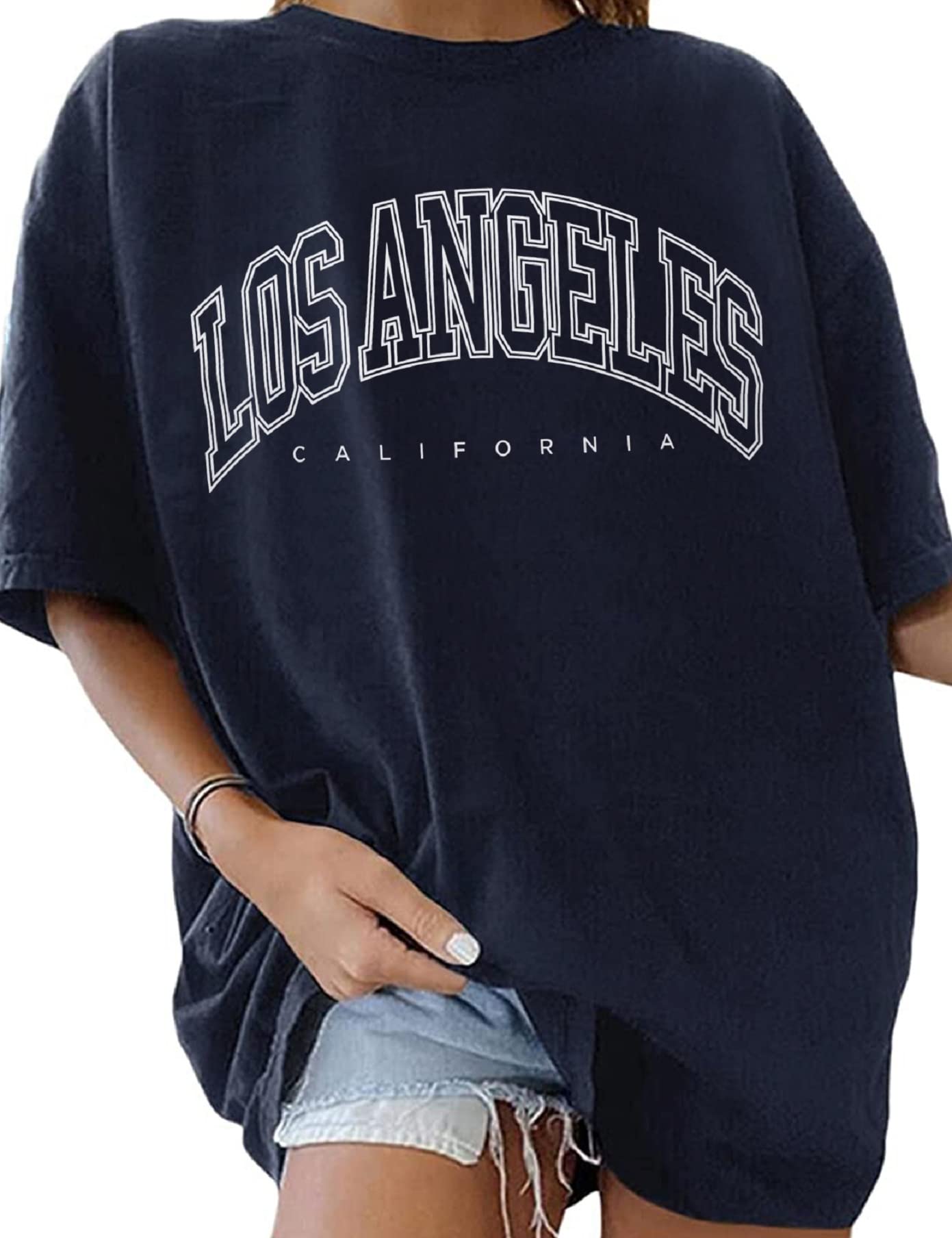 TOMEEK Damen T-Shirt Rundhals Kurzarm Top Sommer einfarbig Oversize T-Shirt Kausale Baumwolle breite Schulter