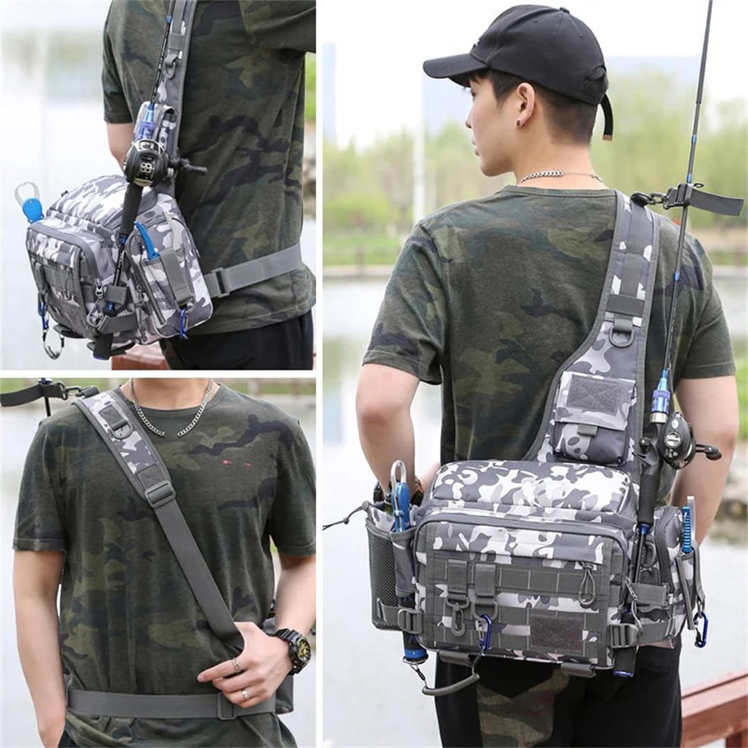 Suwequest Borsa da pesca con esche multifunzione Marsupio per canna da pesca Borsa a tracolla Borsa per attrezzi da pesca, Nero Camo Plus