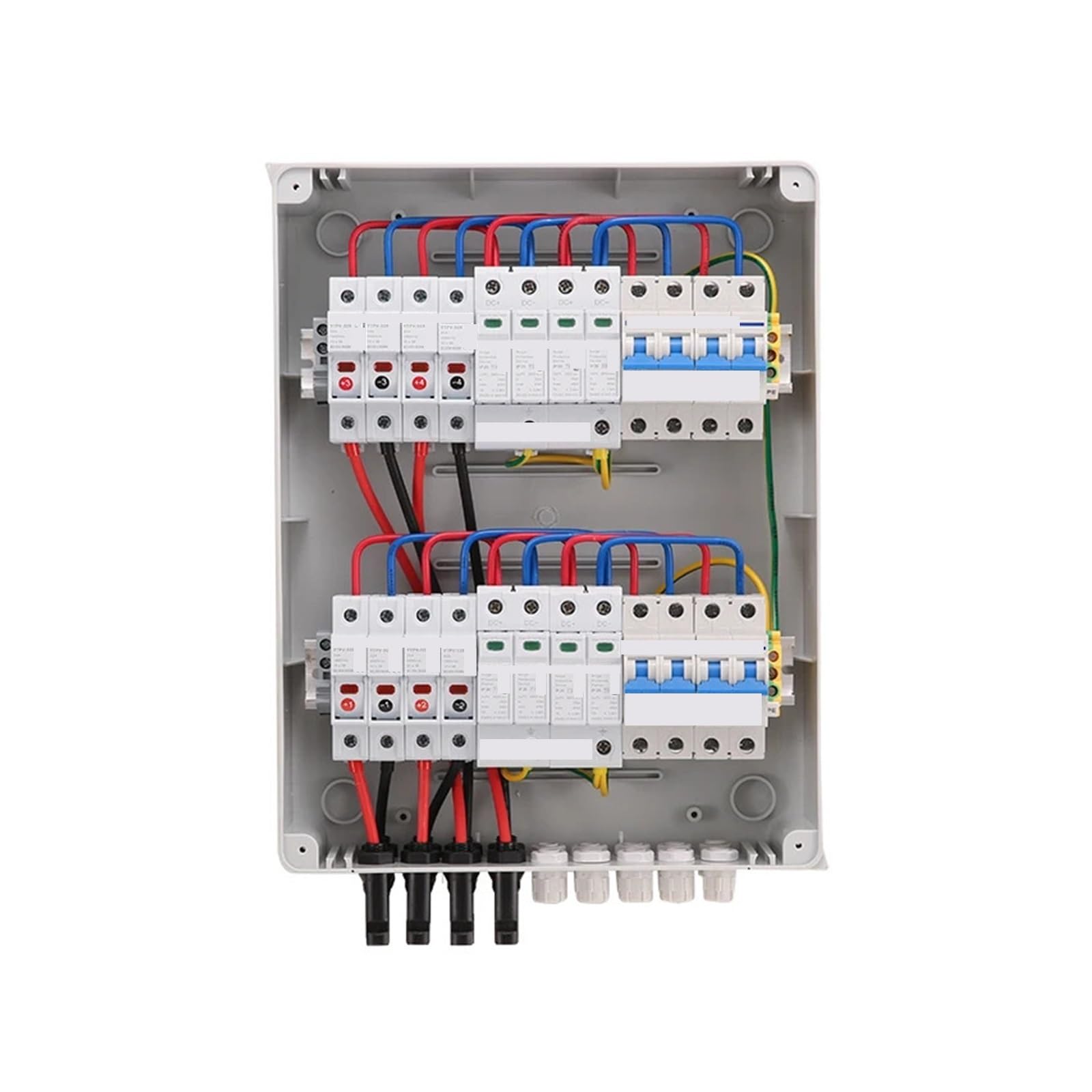 600-V-Solar-DC-PV-Kombikasten, 4 Strings mit Blitzableiter, 4 Eingänge, 4 Ausgänge, 15 A Nennstromsicherung, 63 A MCB, SPD, IP65 wasserdicht