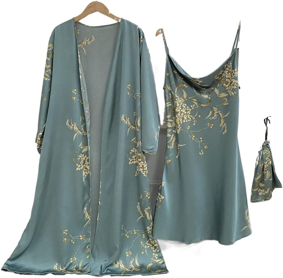 Print 2pcs Robe Sleep Suit Women Bridal Kimono Bathrobe Gown Lingerie Satin V-Neck Sleepwear Strap Nightgown(Medium)