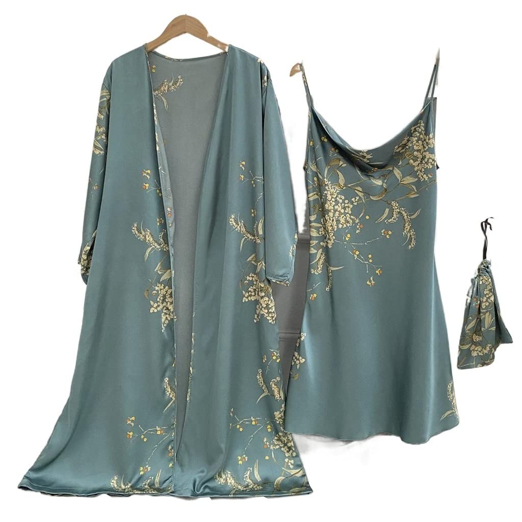Print 2pcs Robe Sleep Suit Women Bridal Kimono Bathrobe Gown Lingerie Satin V-Neck Sleepwear Strap Nightgown