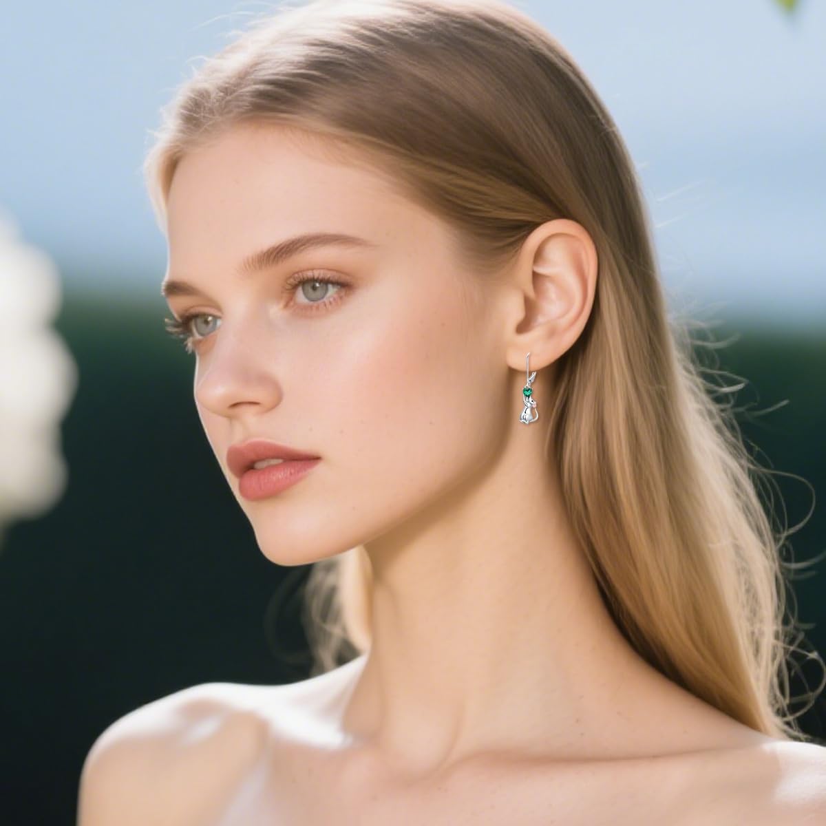 LONAGO Mouse Earrings 925 Sterling Silver Cute Mouse with Green Heart Drop Dangle Earrings - Image 4