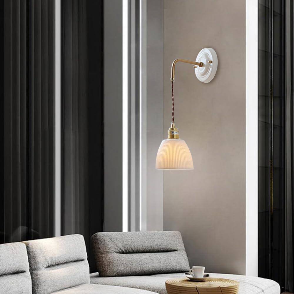 Applique da Parete in Ottone Rustico con Paralume in Ceramica a Righe, Lampada da Parete con Filo Bianco Regolabile in Altezza, Applique da Parete in Ceramica Moderna Vintage, apparecchio di Illu