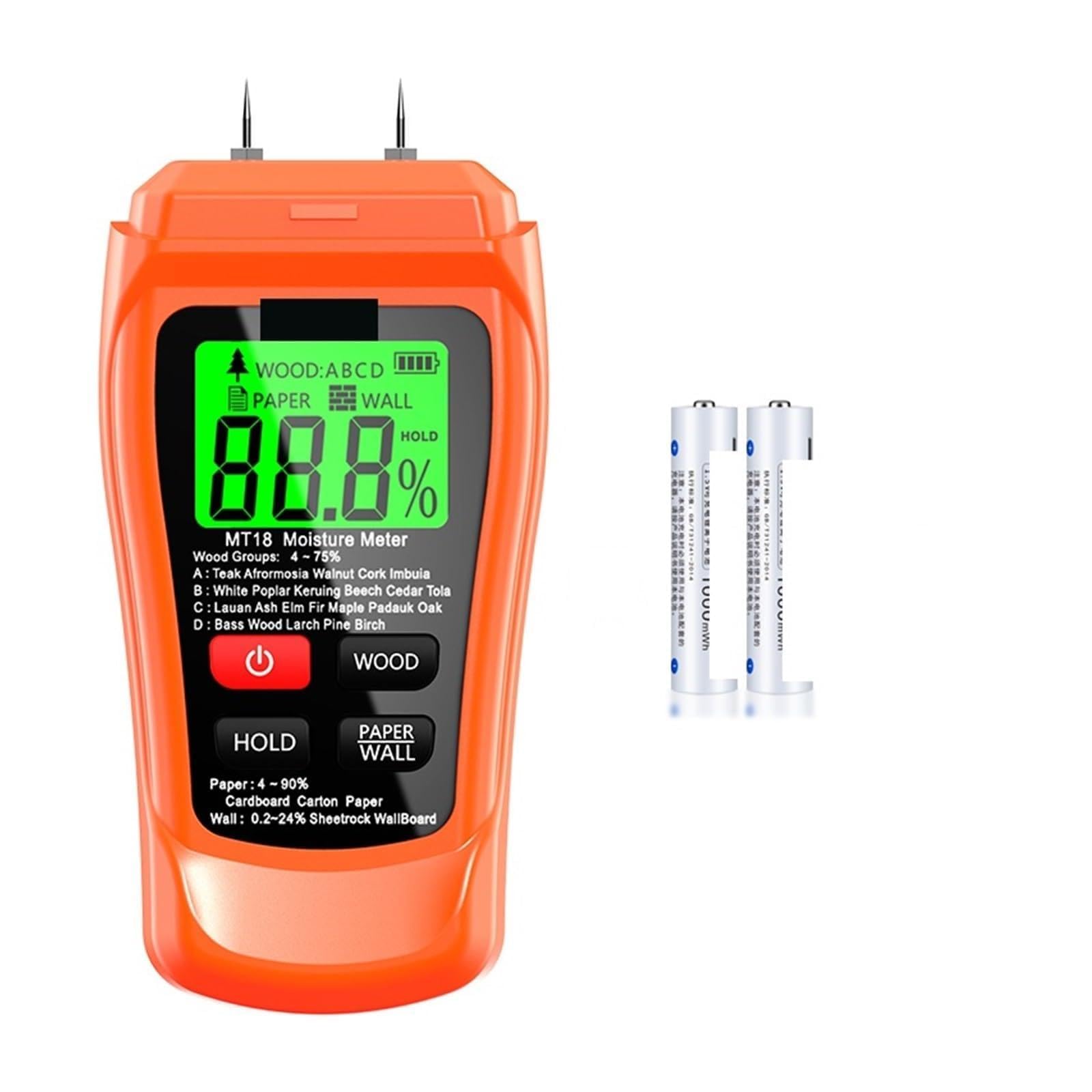 Medidor de humedad, MT-18 Grey 0-99.9% Medidor de humedad madera digital dos pines Probador papel Higrómetro pared Detector(Orange with battery)
