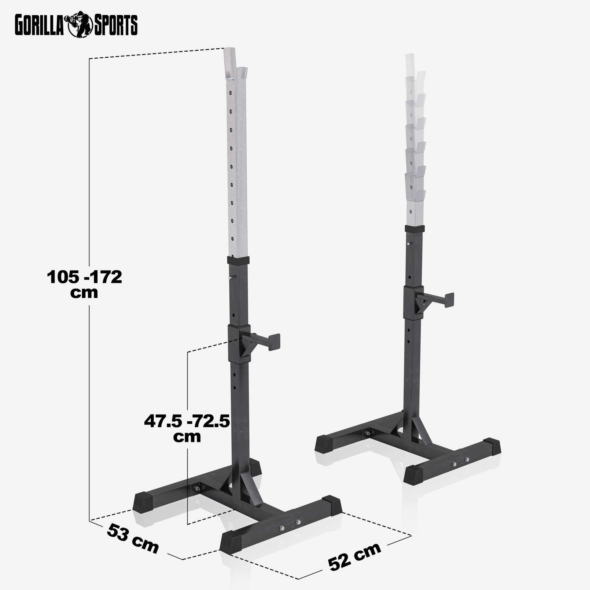 GORILLA SPORTS® Squat Rack - Regolabile In Altezza 105-172cm, Porta Manubri, Max. 500kg, Nero, Peso 9kg, Acciaio - Supporto Per Bilanciere, Coppia Barre Di Rastrelliera Pessi, Fitness