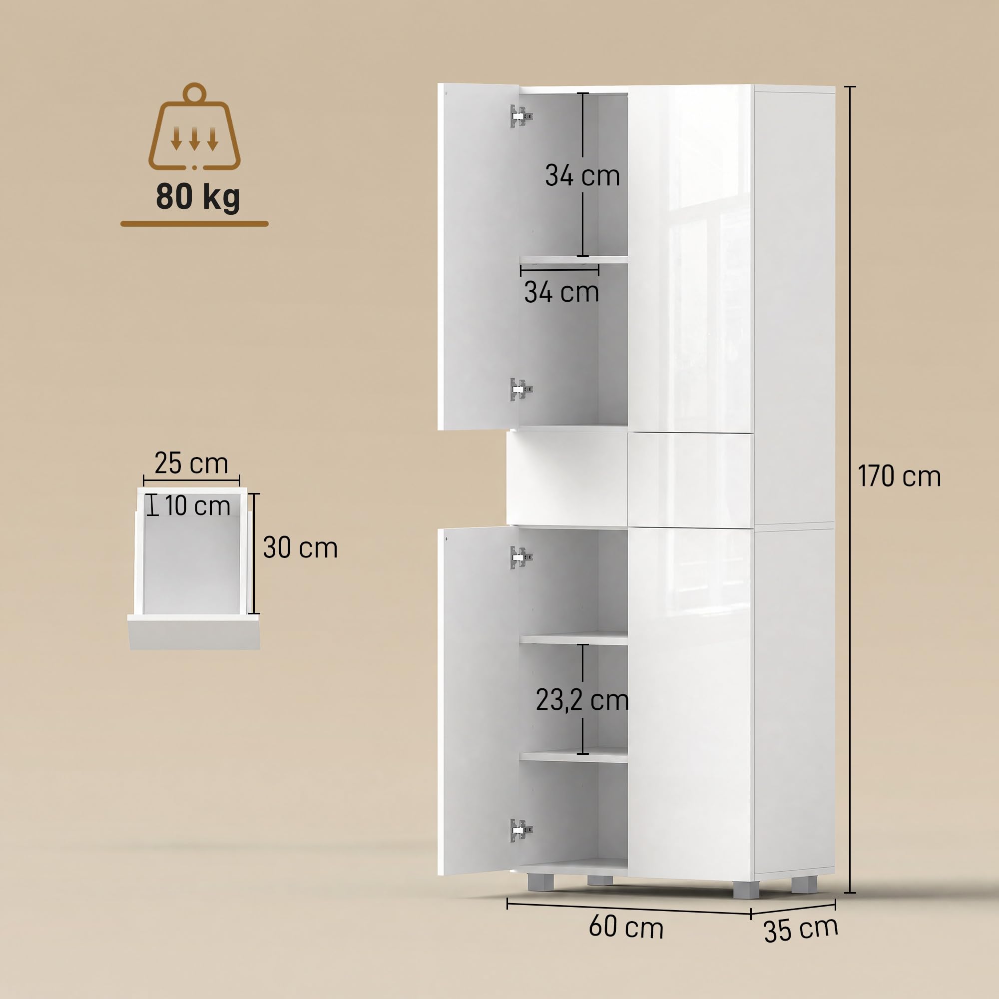 HOMCOM Armoire Cuisine, Moderne, 2 Tiroirs, 60 x 35 x 170 cm Blanc Laqué | Buffet de Cuisine Haut, Meuble de Rangement, 4 Portes Ouverture par Poussée, Étagères Réglables