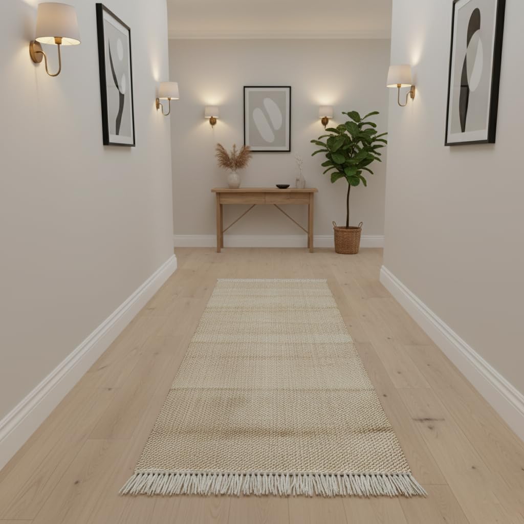 Elegant Floors® Jute-Wolle Teppich Natur | Handgefertigtes Boho Wohnaccessoire mit Fransen im Skandi Stil | Moderner Wohnzimmer Teppich für Boden Deko und Läufer | 70x130 cm